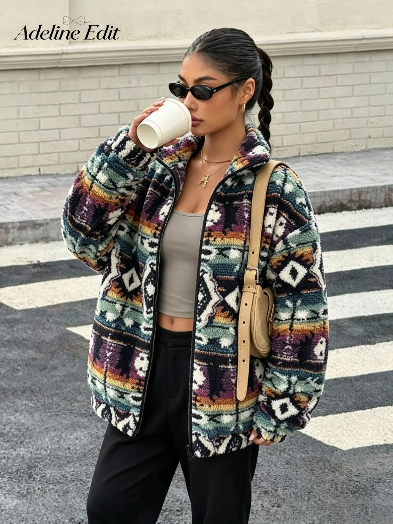 Vintage Navajo Tribal Pattern Faux Fur Jacket, Women's Loose Fit Full Zip Stand Collar Street Style Coat, Geometric Print Ethnic Outerwear