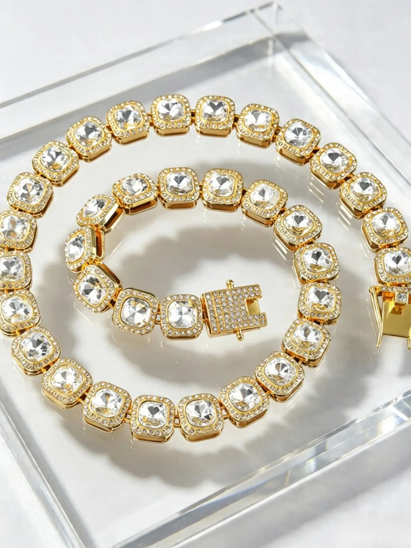 Square Tennis Chain, Rhinestone Border Necklace, Rapper Style, Non-Fading, Bold Jewelry Accessory