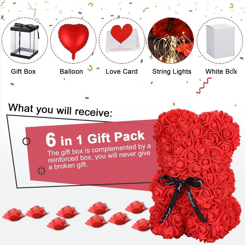 Rose Bear Christmas Flower Gifts for Her, Rose Teddy Bear with Lights, Cute Teddy Flower Bear, Birthday Gifts for Girl, Cute Romantic Gifts for Wife Girlfriend with Transparent  Box and Love Card