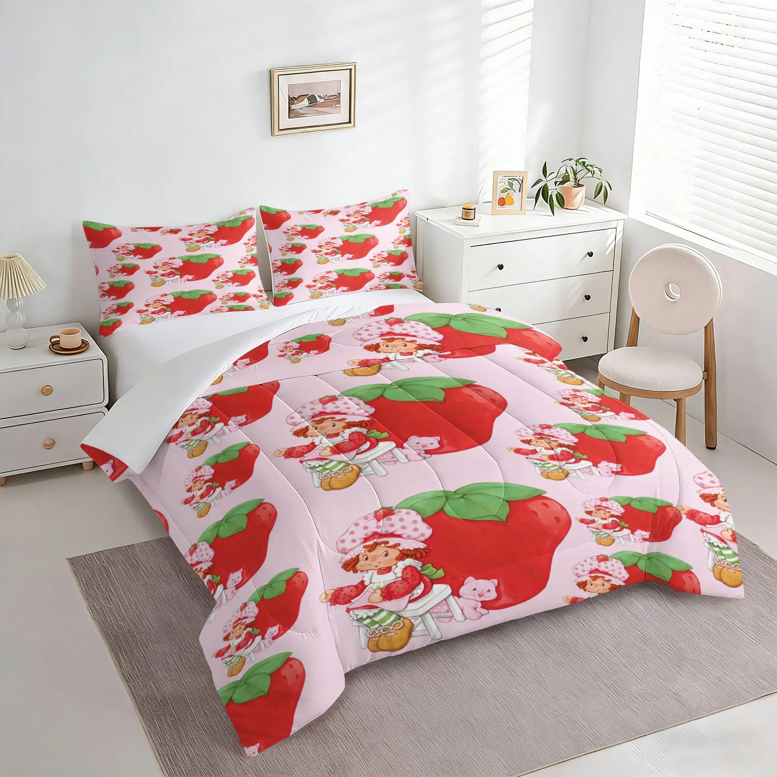 Light Pink Strawberry Girl Cartoon Comforter Bedding Set, 1 Comforter + 1/2 Pillowcases, Big Strawberry & Cute Pet Print Quilt Cover Set, Soft Warm Bedding, Soft Breathable All Season Y2K Cute Room Decor for Teen Girls & Kids, Machine Washable