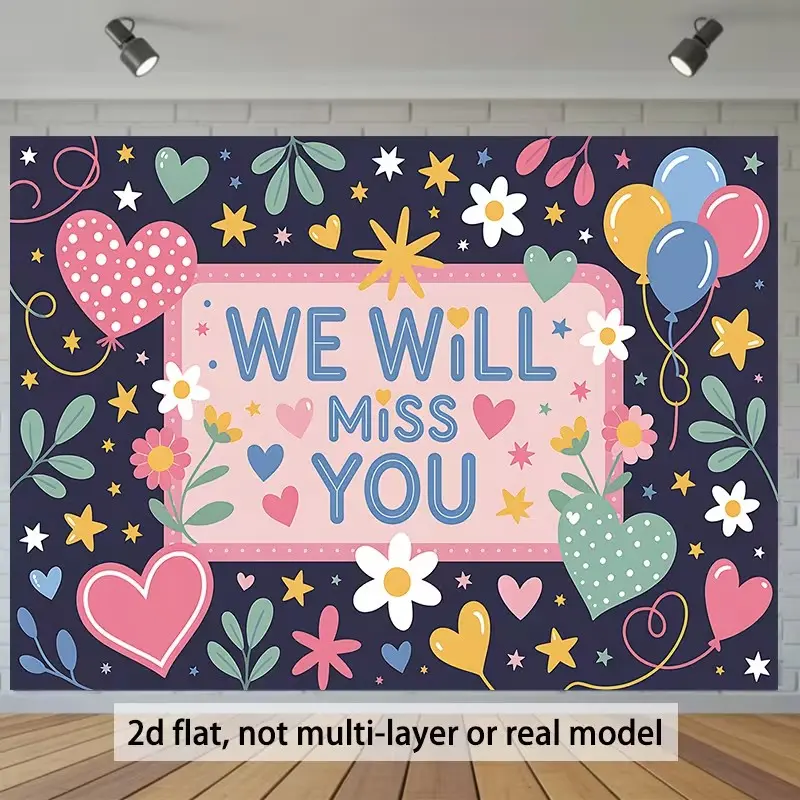 2D Flat Banner 1pc, Single Color Farewell Banner with Heart and Balloons, Ideal for Photography Background and Party Decor, Indoor and Outdoor Home Decoration