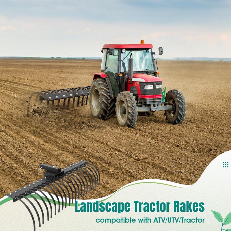 GARVEE 60 Inch Landscape Rock Rake,3 Point Attach Rake Fit for 2 Inch Receiver with 360 Degree Rotation,Tow-Behind Garden Tool for Compact Tractors, Category 1