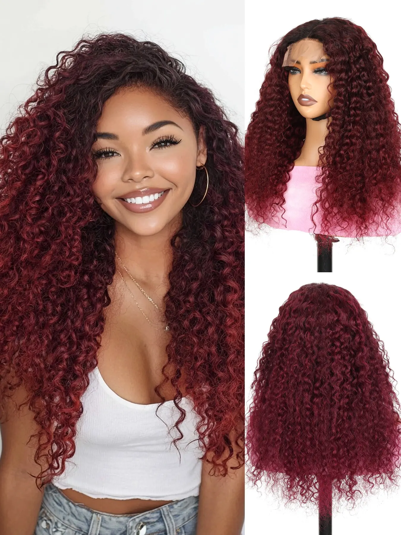 1PC WIG-0909-JC-T1B/99J T1B/99J Ombre Jerry Curly 13x4 Lace Front Wig Brazilian Human Hair