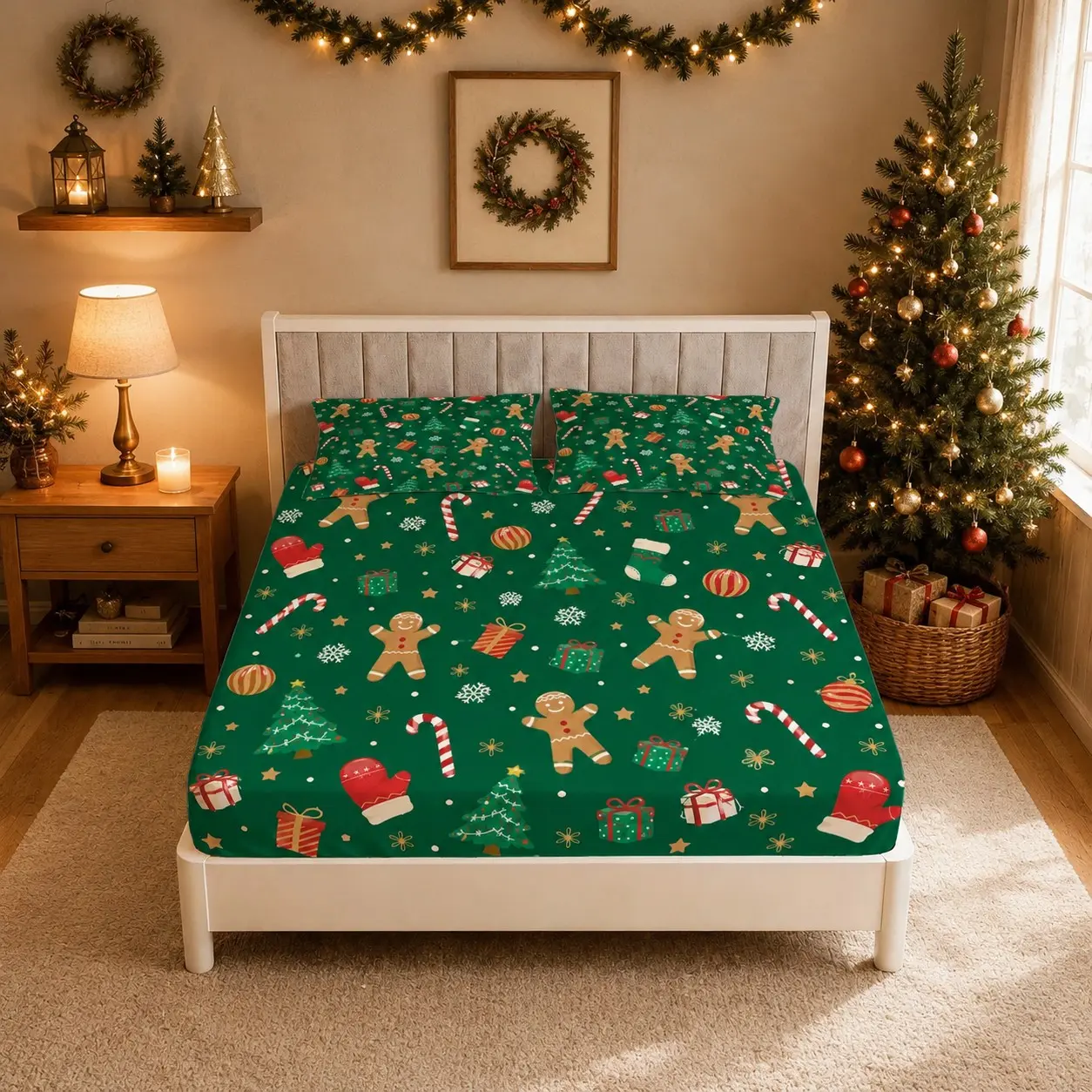 3-Piece Gingerbread Man Cartoon Christmas Print Fitted Sheet Set (1 Fitted Sheet and 2 Pillowcases), Pillow Inserts Not Included, Anti-slip, Suitable for Teen and Adult Bedrooms, Ideal Holiday Gifts for Family and Friends