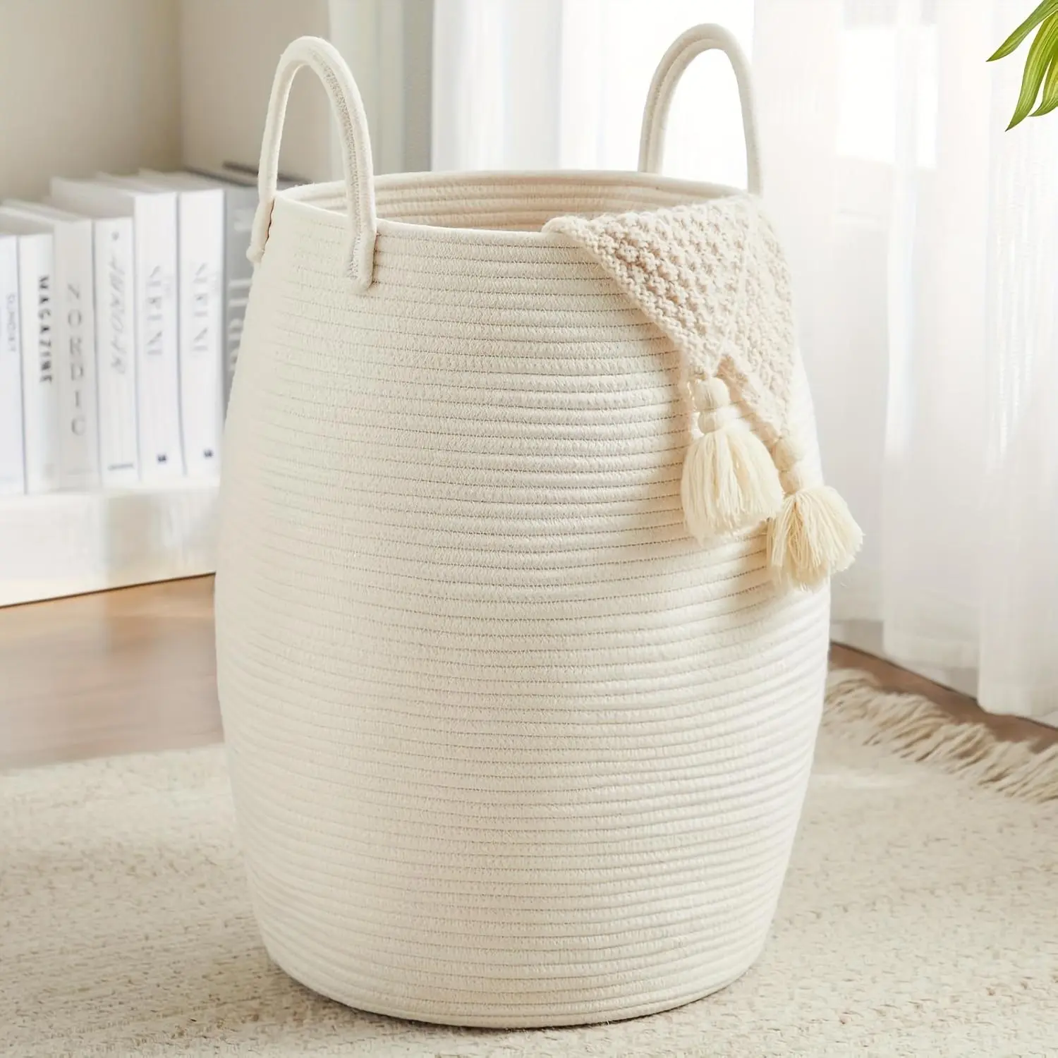 Large Laundry Hamper Basket 65L Woven Blanket Basket, Tall Clothes Hamper, Rope Wicker Laundry Basket, Storage Basket for Toys, Dirty Cothes in Bedroom, Living Room Organizer