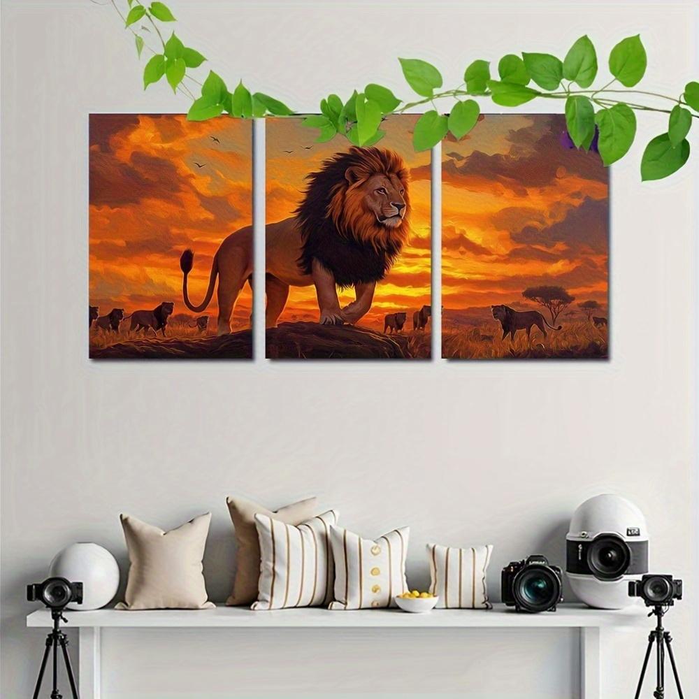 3pcs Lion Wall Art with Frame - Traditional Lion Dance Panels, Majestic Lion & Mane, Polyester Fiber Canvas Suitable for Living Room, Bedroom, Office Decor - Cultural Animal-Themed Hanging Art, 2D Flat, Perfect for Room Decor