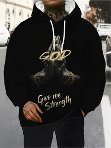 Men's Praying Hands Gold Chain GOD Give Me Strength Black Gold 3D Print Hoodie 2026 Viral Street Faith Hardcore Casual Oversize Versatile Slim Fit Muscle Four Seasons Essential Handsome Outerwear