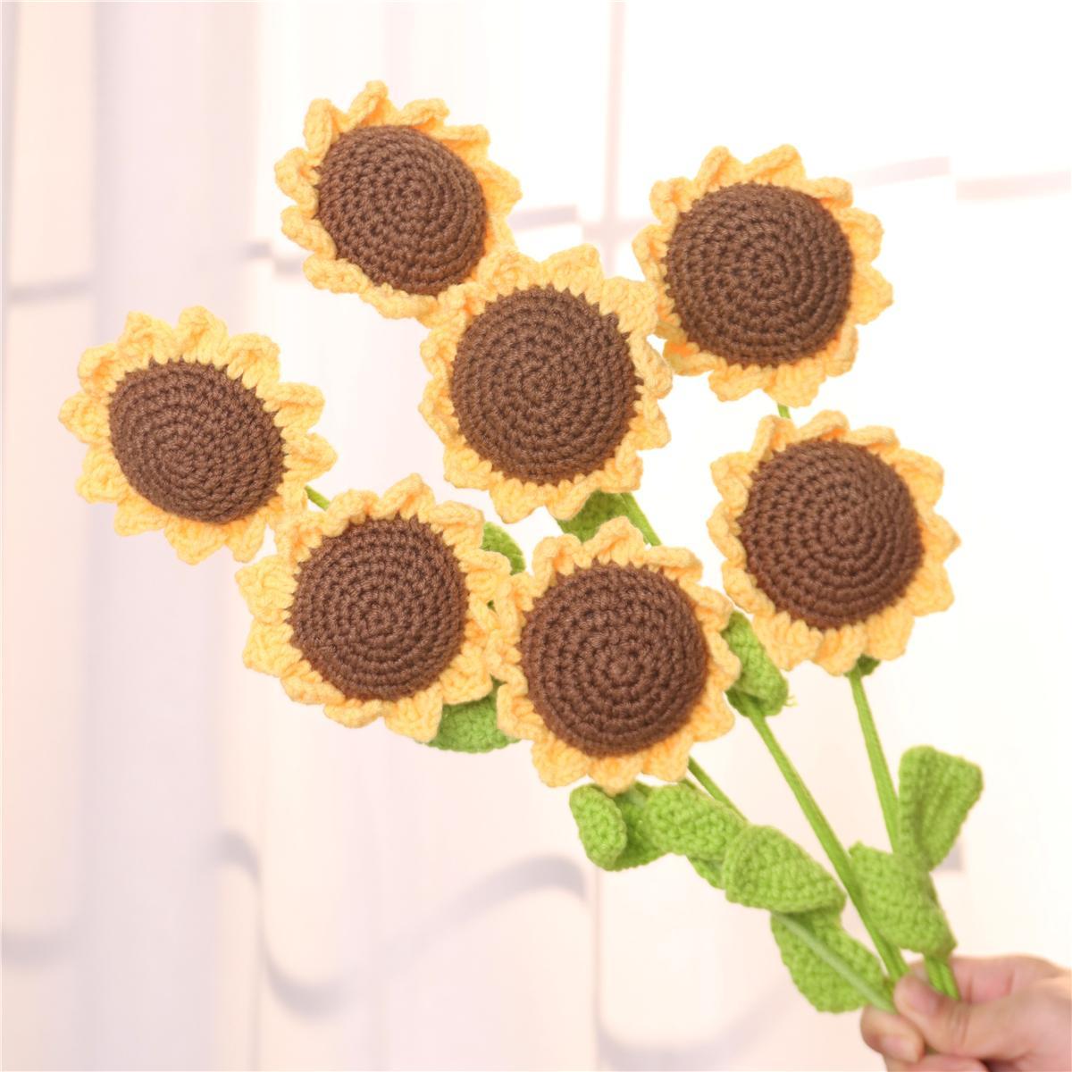 Sunflower Design Crochet Flower, 7 Counts/set Artificial Handmade Crochet Flower without Vase, Sunflower Bouquet, Home Decor for Living Room Bedroom, Summer Gifts, Crochet Artificial Flowers, Decorative Flowers