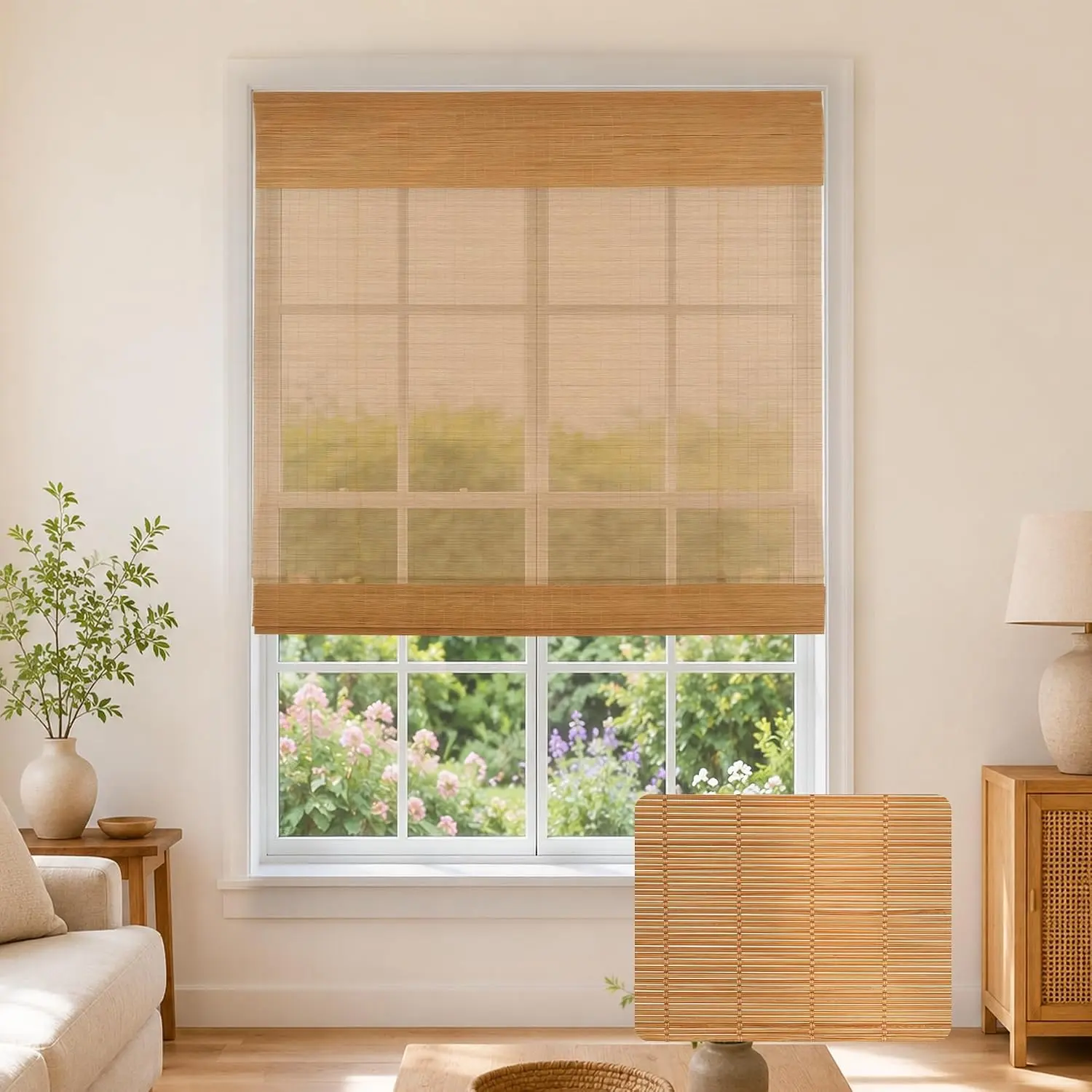 Cordless Bamboo Roman Shades Light Filtering Woven Wood Window Blinds with Valance for Living Room Bedroom Kitchen Home Office 26" Wx48 H