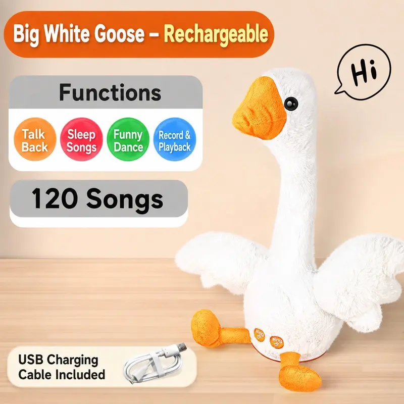Big White Goose Plush Toy, Valentine's Day Gift, Talking & Dancing Repeating Goose Doll, Baby Soothing Toy