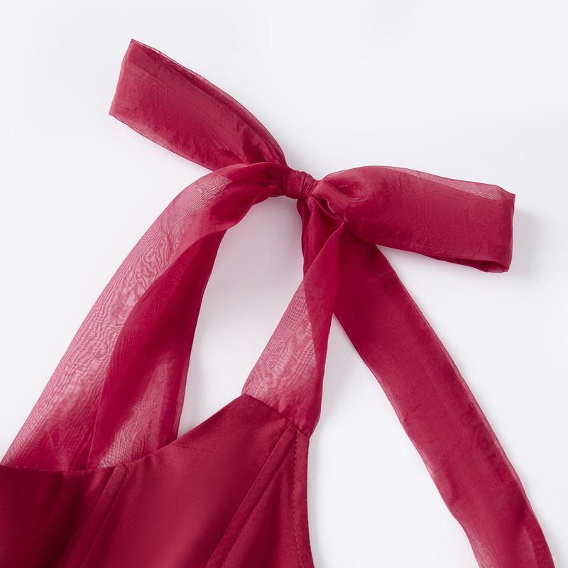 Womens Party Tutu Dress Stylish Solid Ruffled Trim Tie Back Sleeveless Tie-Shoulder Midi A-Line Dress