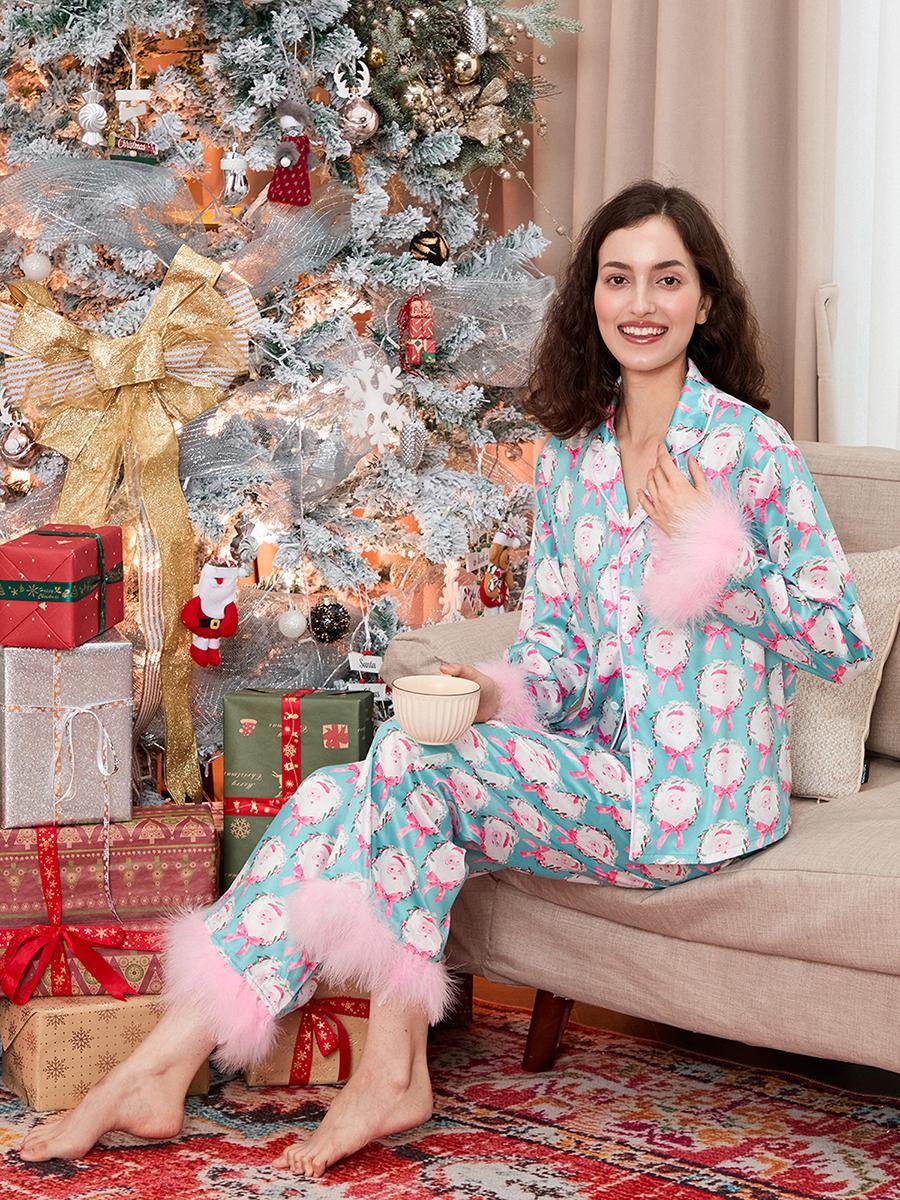 Women Christmas Pajamas Sets Satin Santa Claus/Bow Print Long Sleeve Feather Trim Button Shirts Pants Sleepwear Loungewear