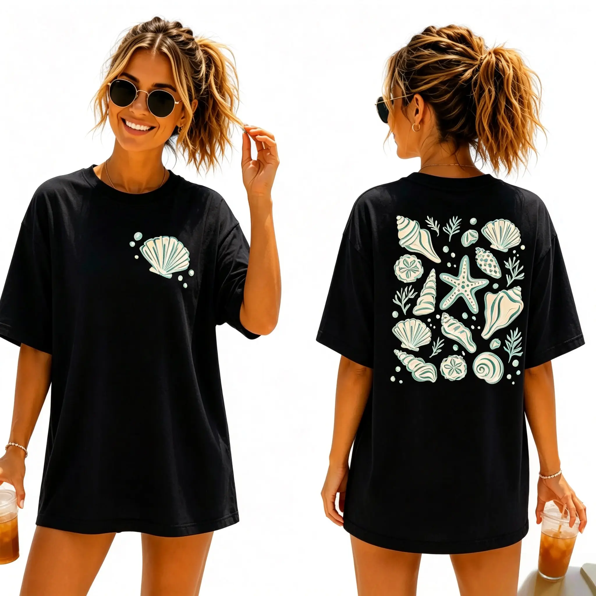 Front And Back Mint Seashell Motif Forms Graphic Tee Matching Oversized Tshirt Women And T Shirts Women, Camisetas de mujeres Belong To Vintage Graphic Tees, Women's Tops And Summer Tops Women Alongside Top Tshirt