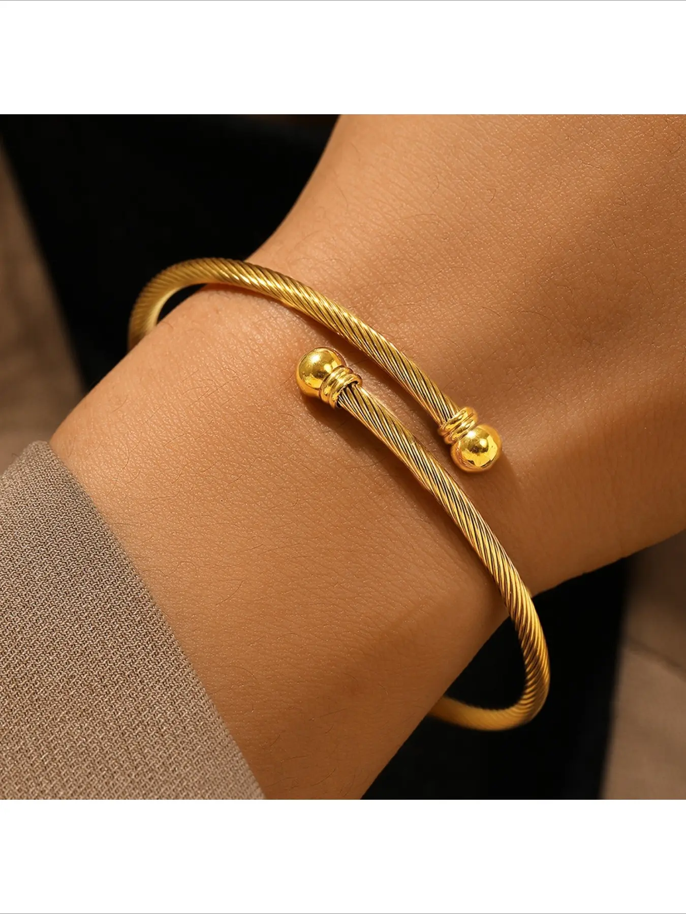 Hot Selling Fashion Metal Wire Open Bangle Bracelet with Elastic Double Ball Head Trendy Versatile Jewelry for Women