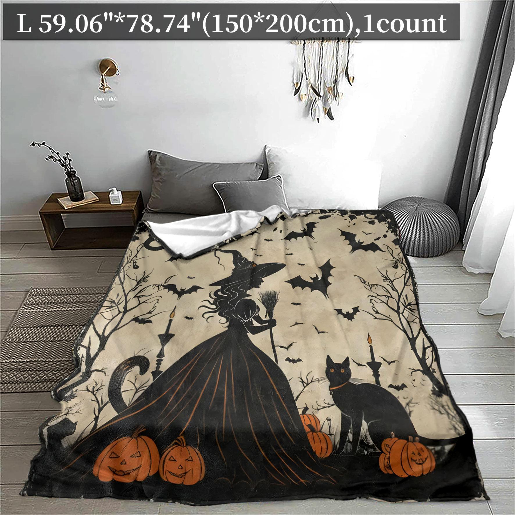 Cartoon Themed Decorative Giftable Blankets, 1 Count Witch and Black Cat Pattern Soft Cozy Throw Blanket, Air-conditioned Room Blanket, Warm Nap Blanket for Home Office Travel Camping, Bedroom Accessories, Travel Essentials, Christmas Gifts, Halloween