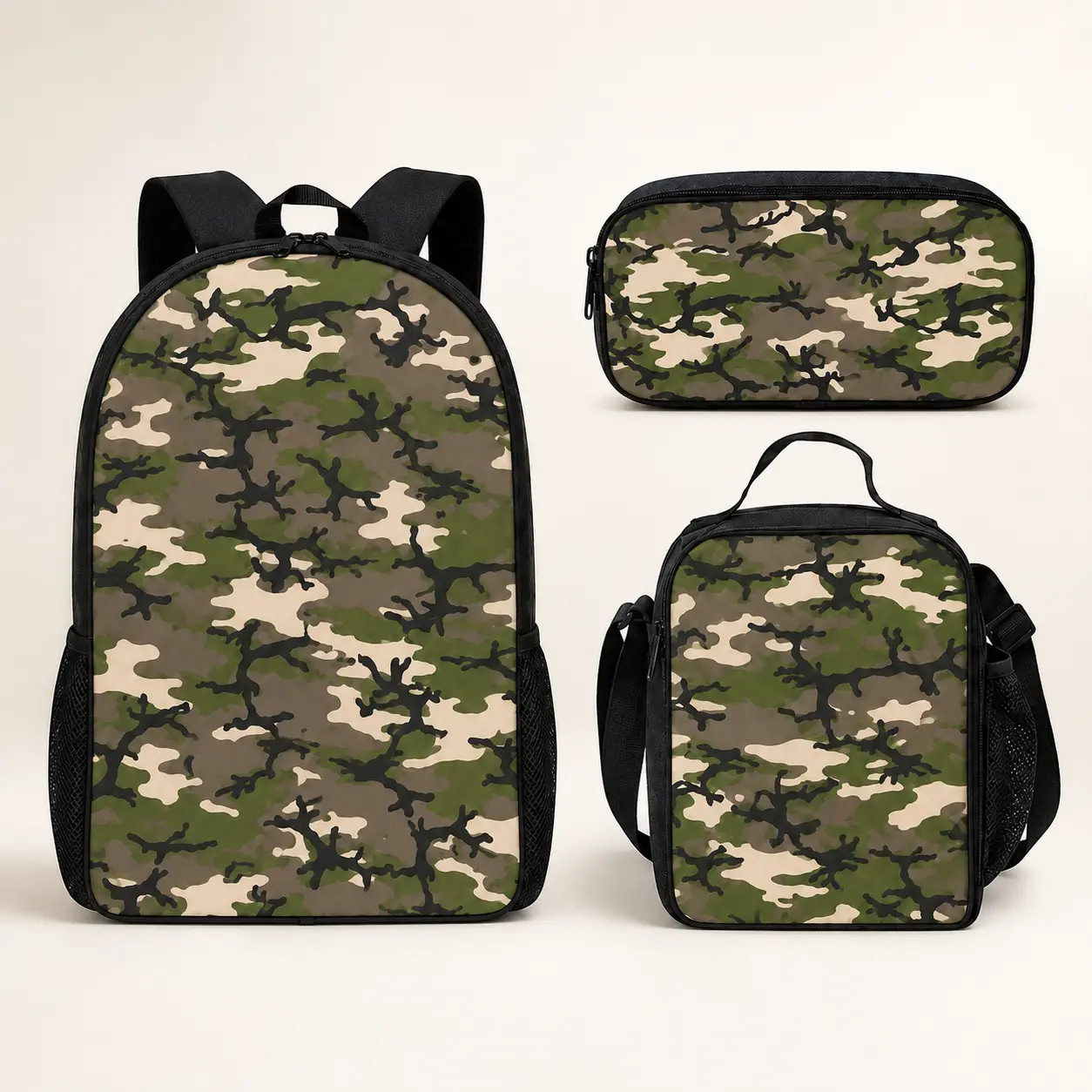 3-Piece Kids Camo Backpack Set – Green Camouflage School Backpack with Lunch Bag & Pencil Case, Side Pocket Bookbag Set for Back to School, Travel, Boys & Girls