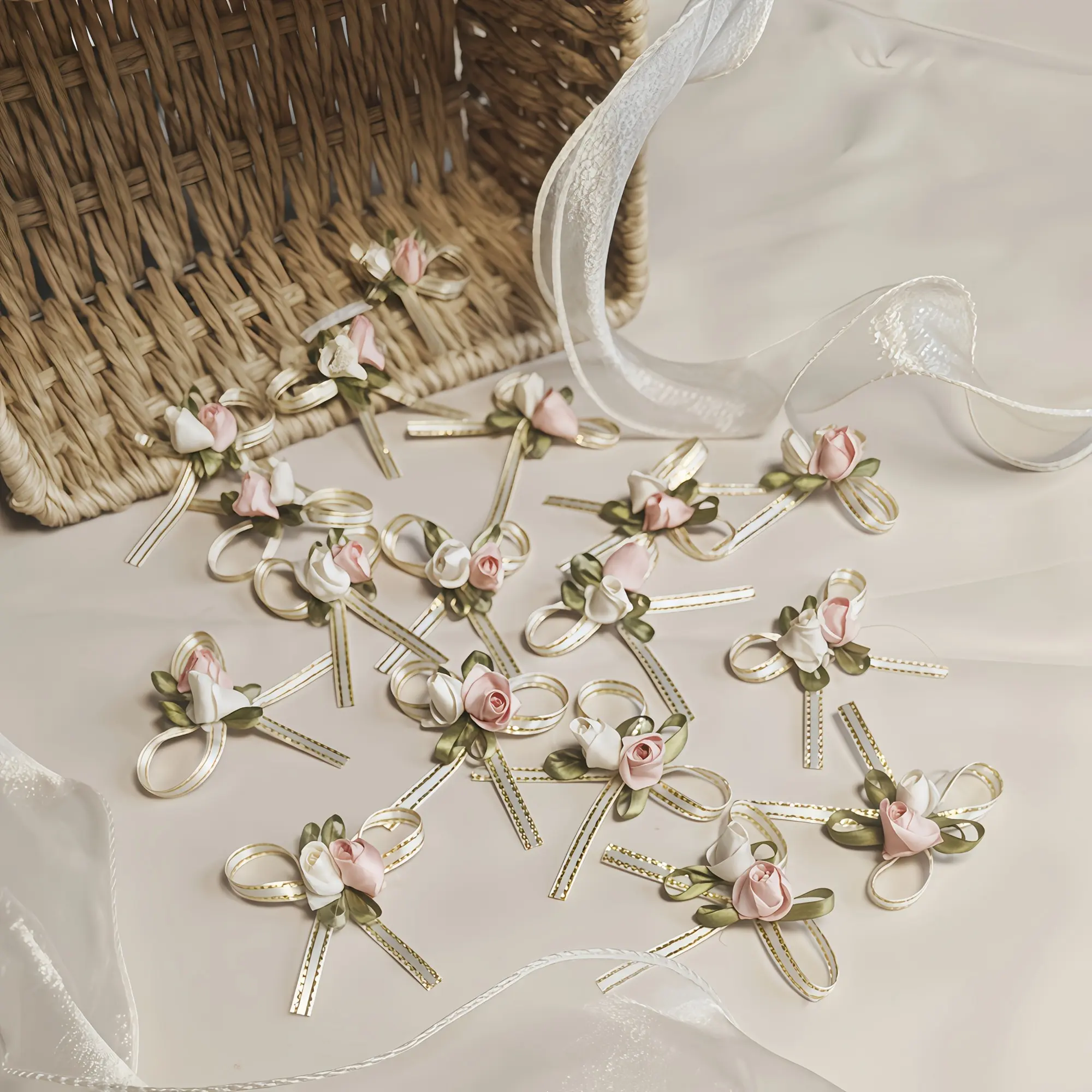 30 Handmade Rose Bows in Elegant Pink And Floral Designs, Adorned with Golden Glitter Ribbons. Perfect for Crafts, Gift Wrapping, Wedding And Holiday Decorations, Home Arrangements, And Bouquet Accessories.