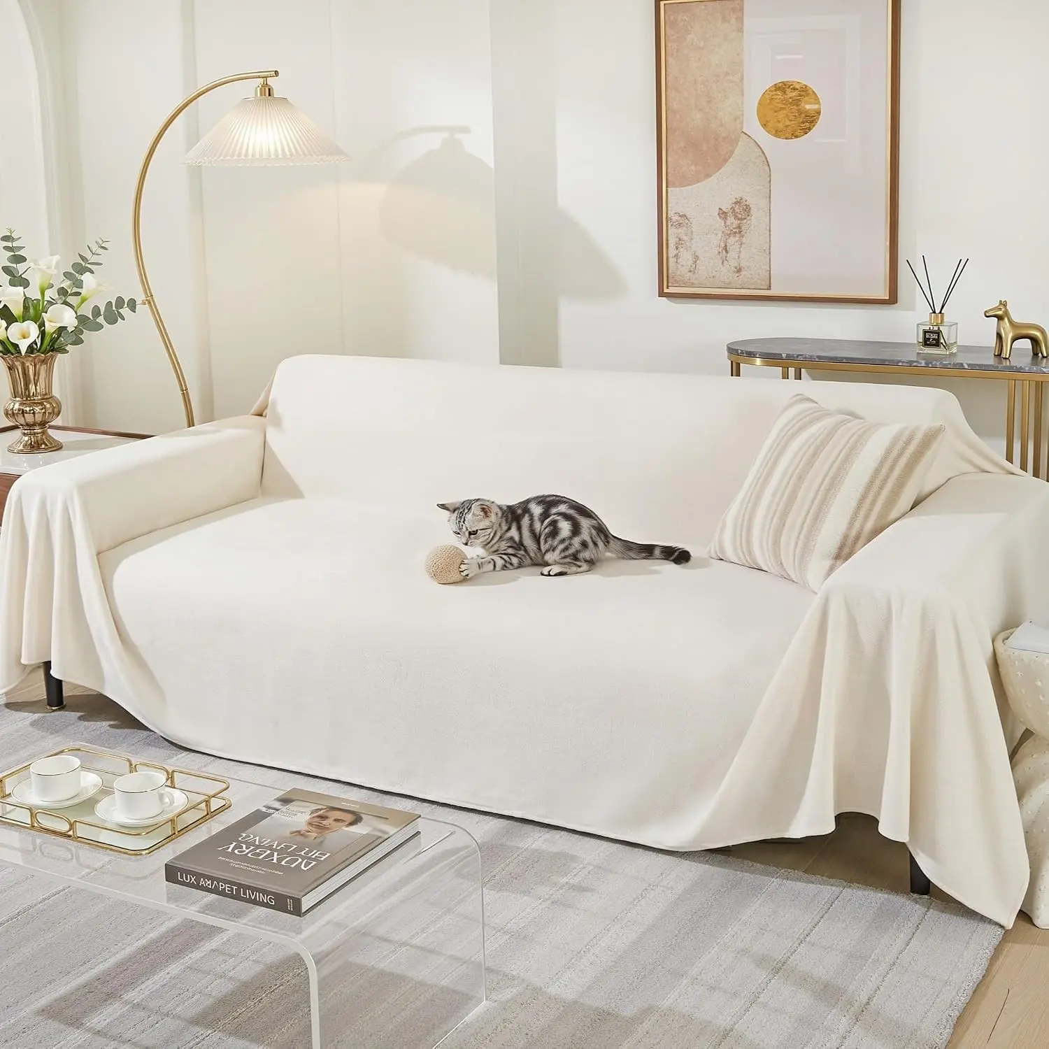 Couch Cover for 3 Cushion Cat Scratch Proof Couch Protector Washable Non Slip Sofa Covers Sectional Couch Covers for Dogs Soft L Shape Sofa Slipcover for Pets Kids, 91" x 134", Creamy White