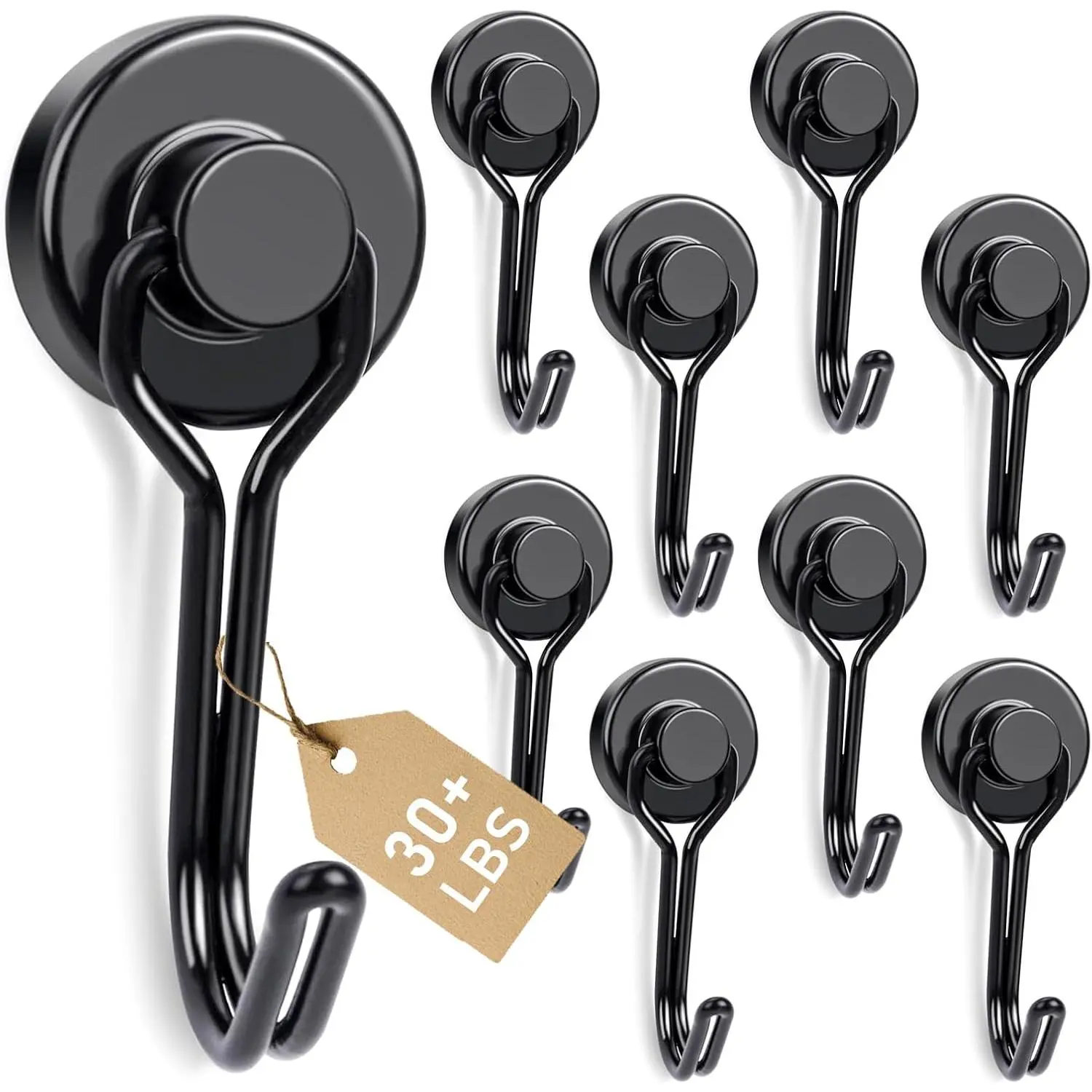 9-Pack Black Lightweight Industrial Neodymium Metal Hooks, 0.79in Rust-Proof Tool Hooks with 30Lbs+ Capacity for Cruise Cabin, Garage, Everyday Items