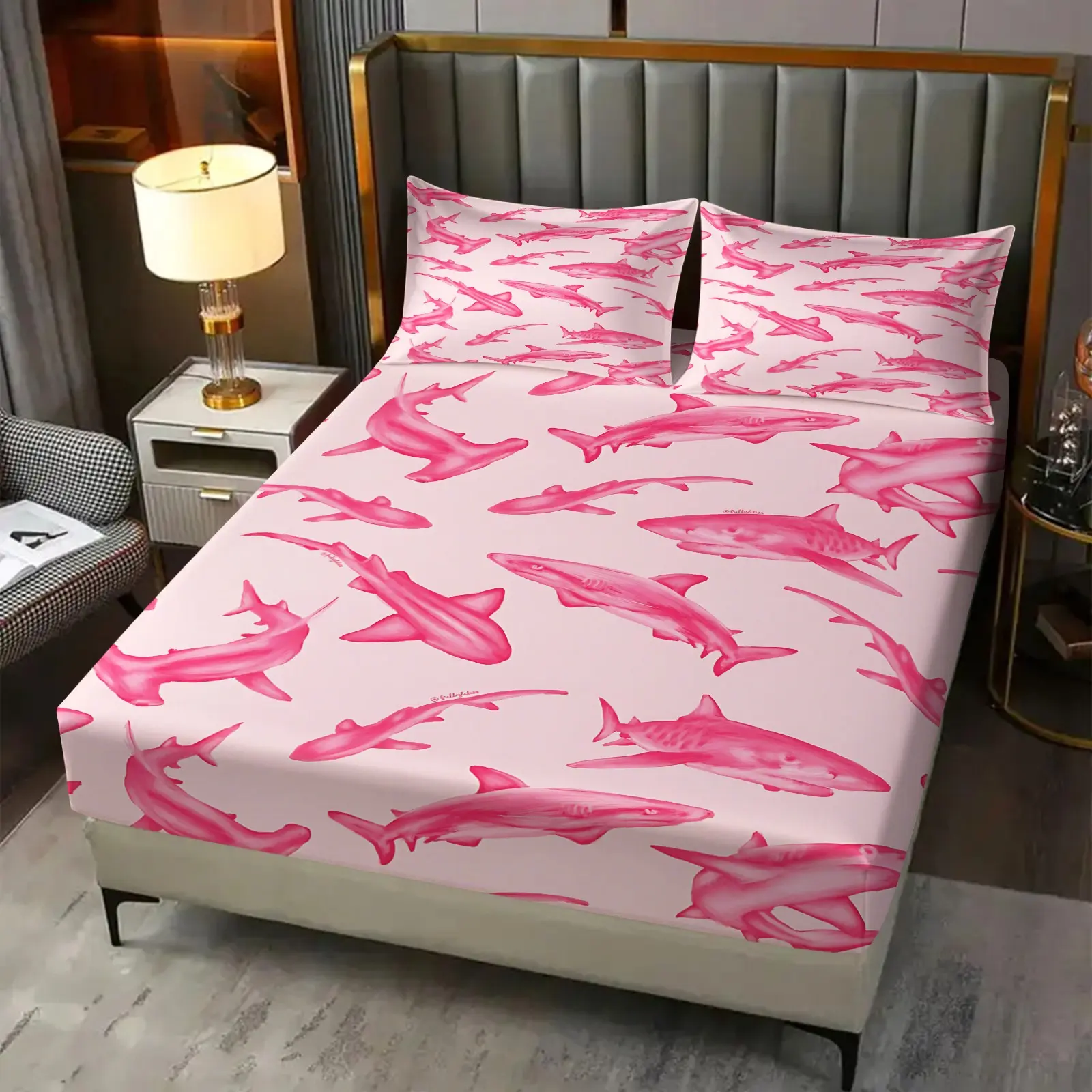 3-Piece Pink Watercolor Shark Print Bed Sheet Set, Marine Creature Print Bed Set, Soft And Breathable, 1 Bed Sheet And 2 Pillowcases, Without Pillow Core, Deep Pocket Design, Suitable For Decorating Girls' Bedrooms