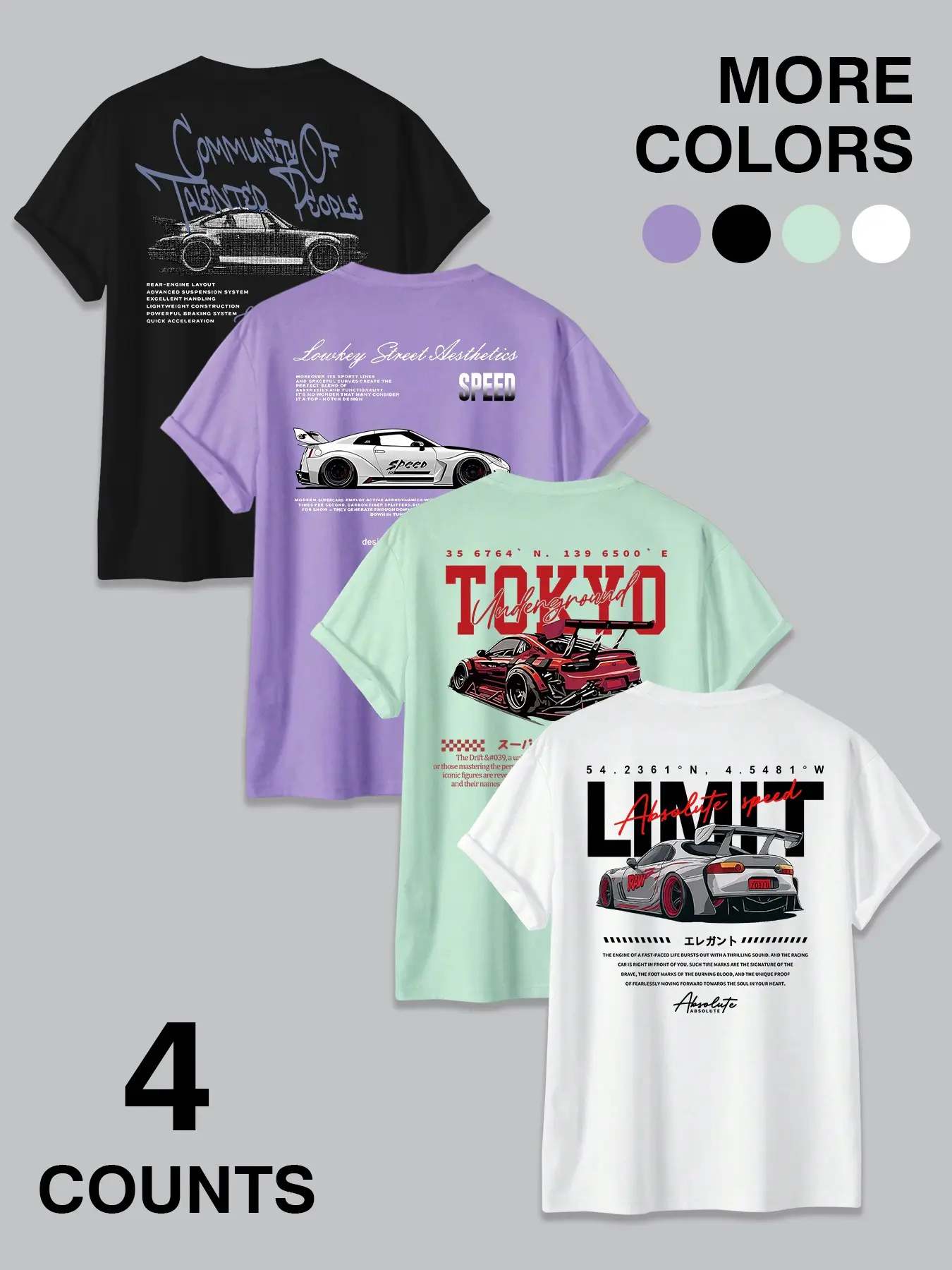 4-Pack JDM Car & Tokyo Street Aesthetic Graphic Prints T-Shirts | Menswear Racing Streetwear Sporty Casual Tees Set Tops Inspirational T Shirt