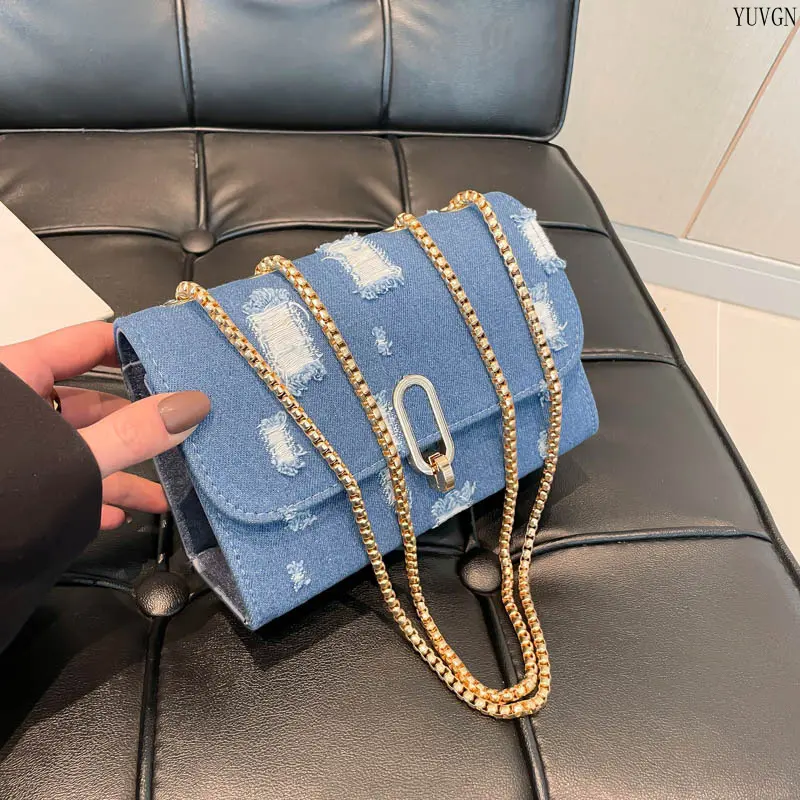 Sports & Outdoor Gym Shoulder Bag - Distressed Denim, Flap Design, Double Chain Strap, Rectangular Casual Crossbody Purse for Dating, Daily Wear