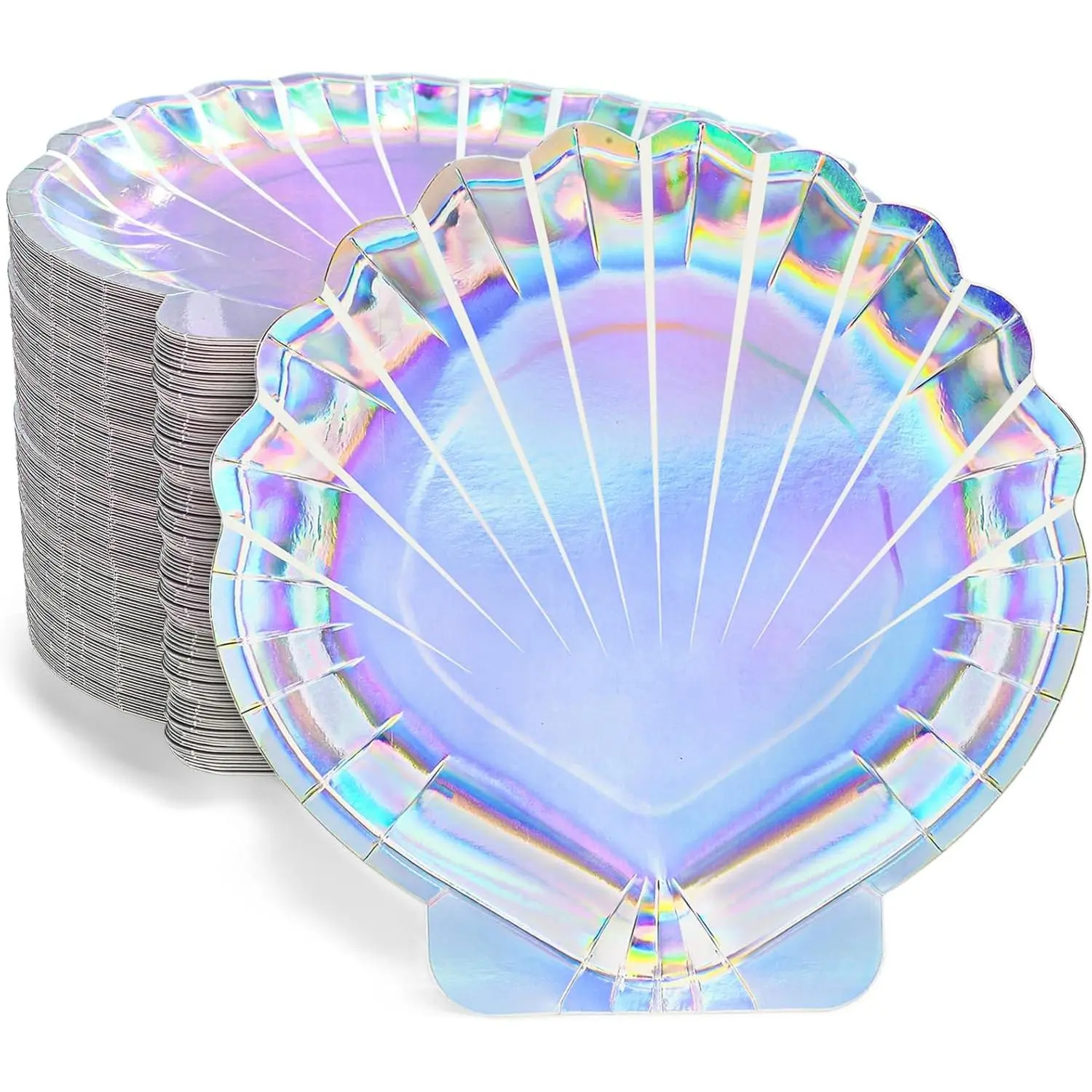 100 Pcs 9-Inch Mermaid Seashell Disposable Iridescent Paper Plates, Food-Safe Party Containers for Birthday, Wedding Holographic Festive Supplies Decor