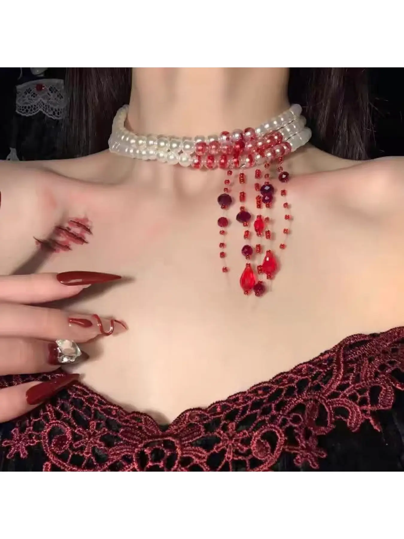 Gothic Red Crystal Blood Drop Tassel Pearl Choker for Women, Multi-layer White Pearl Red Rhinestone Fringe Choker Necklace, Vintage Dark Vampire Halloween Cosplay Party Lolita Jewelry Gift