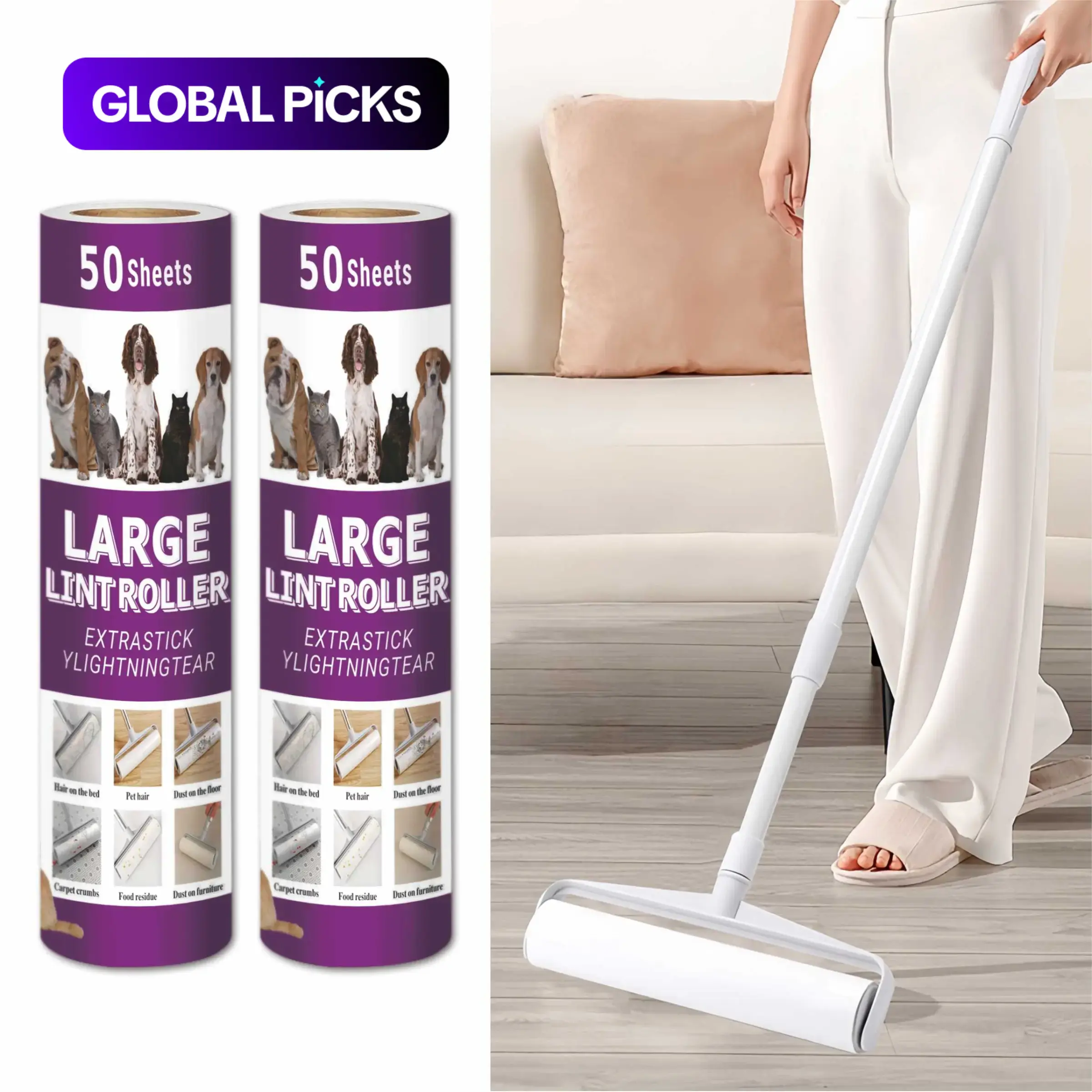 Extendable Handle Sticky Roller Set (3 Spare Papers), Lint Rollers, Ultra-Wide Roll, Strong Adhesion, Clean, Ideal for Floors, Carpets, Clothes, Sofa, Pet Grooming Hair Removal