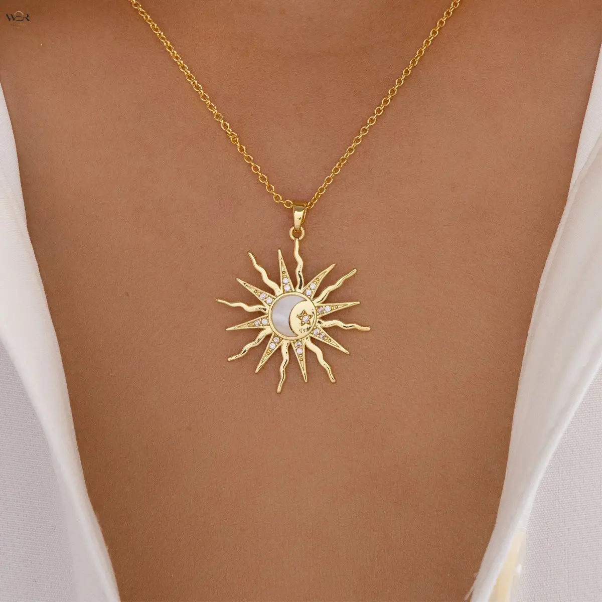 Dainty Paved CZ Sun Pendant Figaro Chain Necklace, Minimalist Abstract Sun Charm Adjustable Neck Jewelry, Gold & Silver Two Tone Daily Layering Necklace for Women