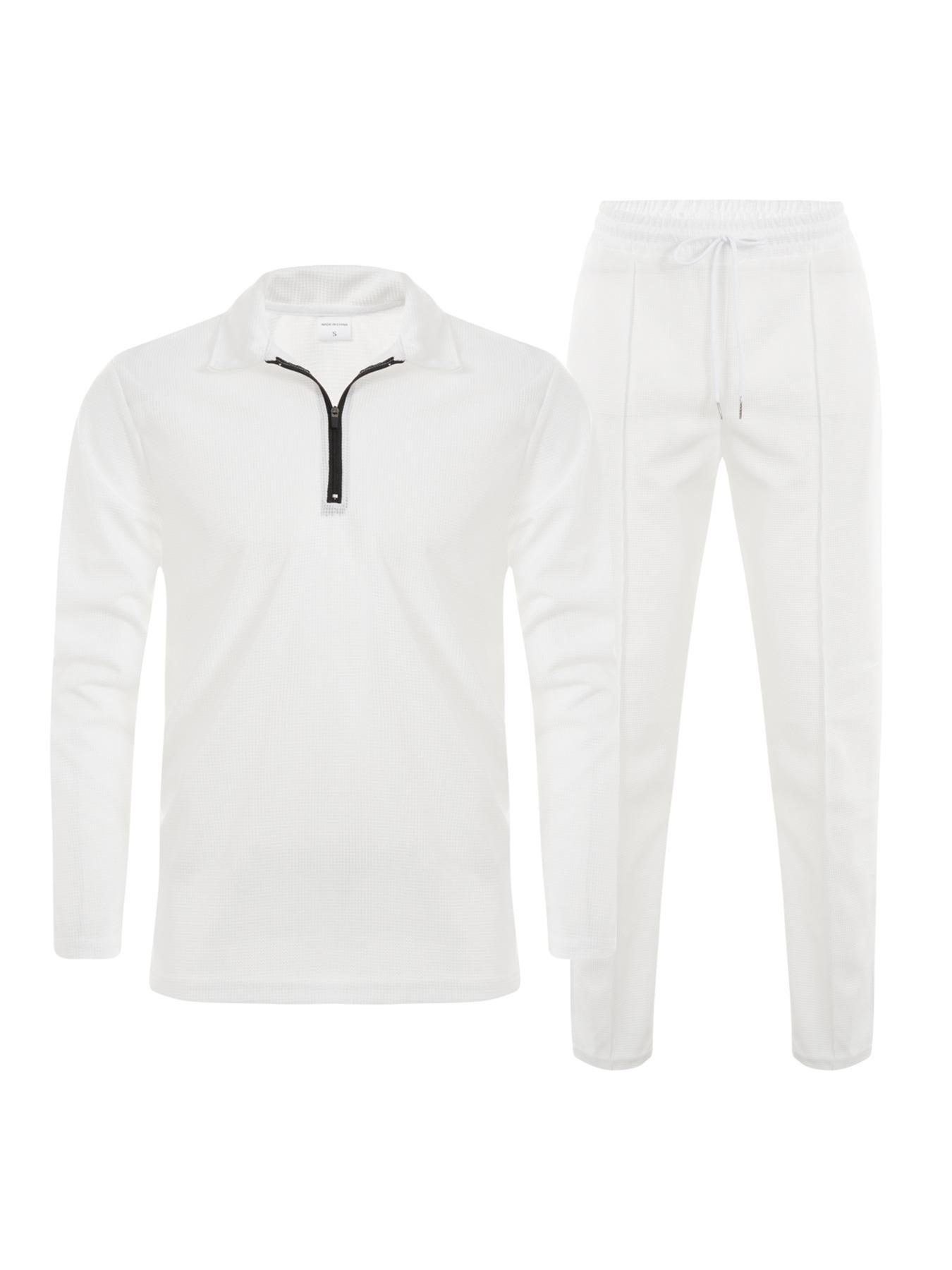 Men's Solid Half Zipper Collared Polo Shirt & Drawstring Pants Set, Casual Textured Long Sleeve Top & Trousers for Spring & Fall, Men's Two-Piece Outfits