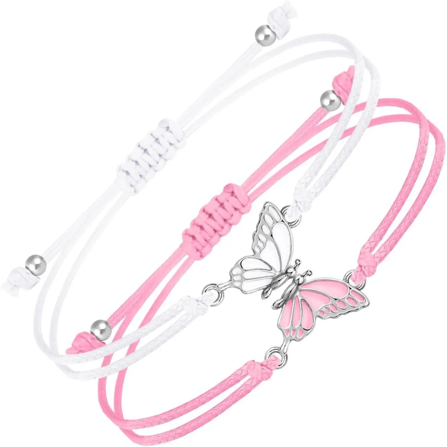 Set of 2 Butterfly Motif Matching Bracelets, Braided Synthetic Strands for Couples & BFFs, Adjustable Size Promise Bands Long-Distance Gift