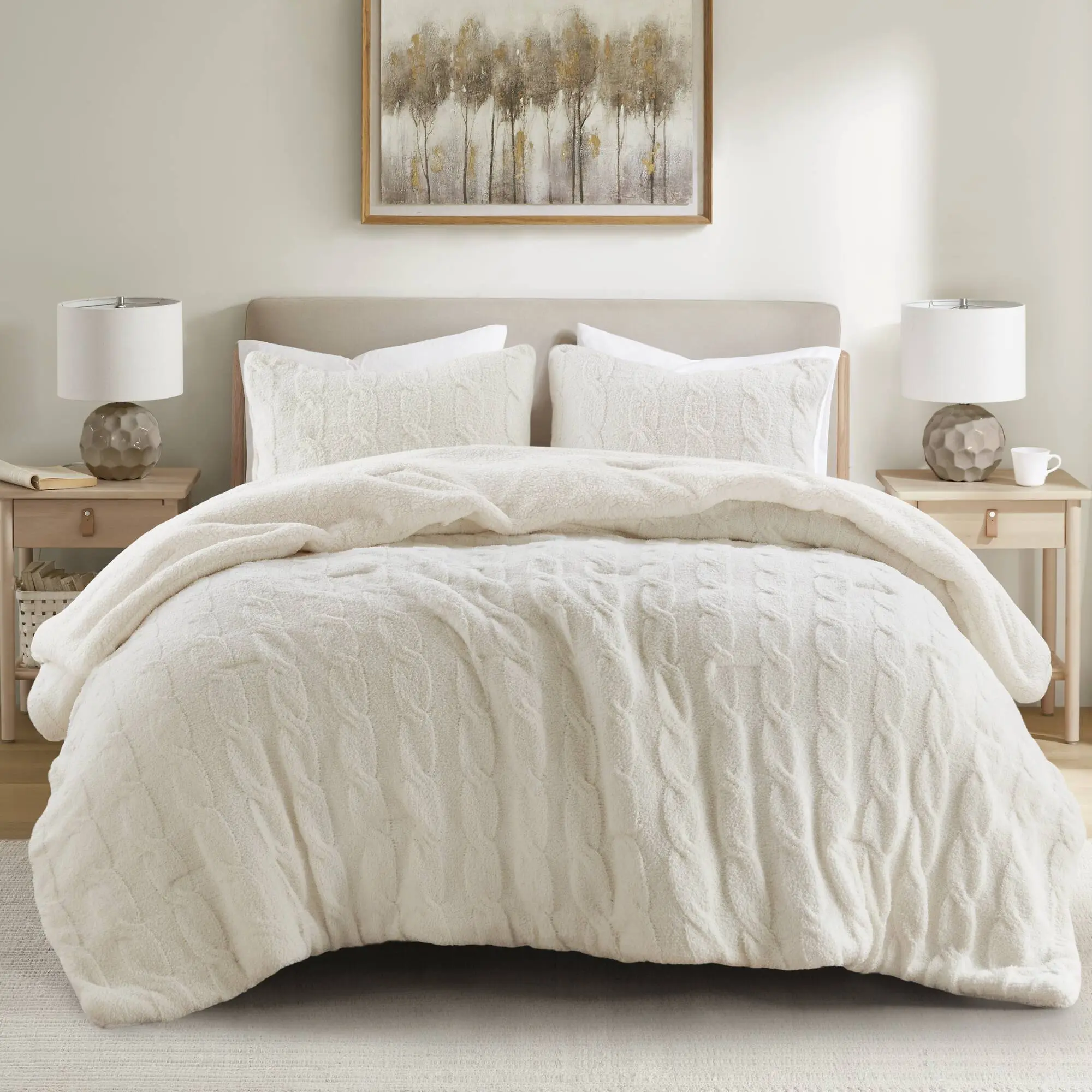 Nokaa Cable Knit Chenille Comforter Set 3 Pieces Full/Queen Ivory Bedding Soft Cozy All-Season Lightweight Tufted Textured Bedspread with Pillow Shams for Bedroom Guest Room Home Furniture