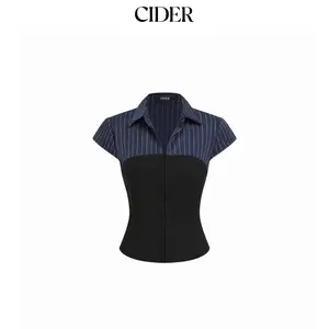 Cider Striped Color-Blocking Short Sleeve Blouse SummerWins Dealsforyou