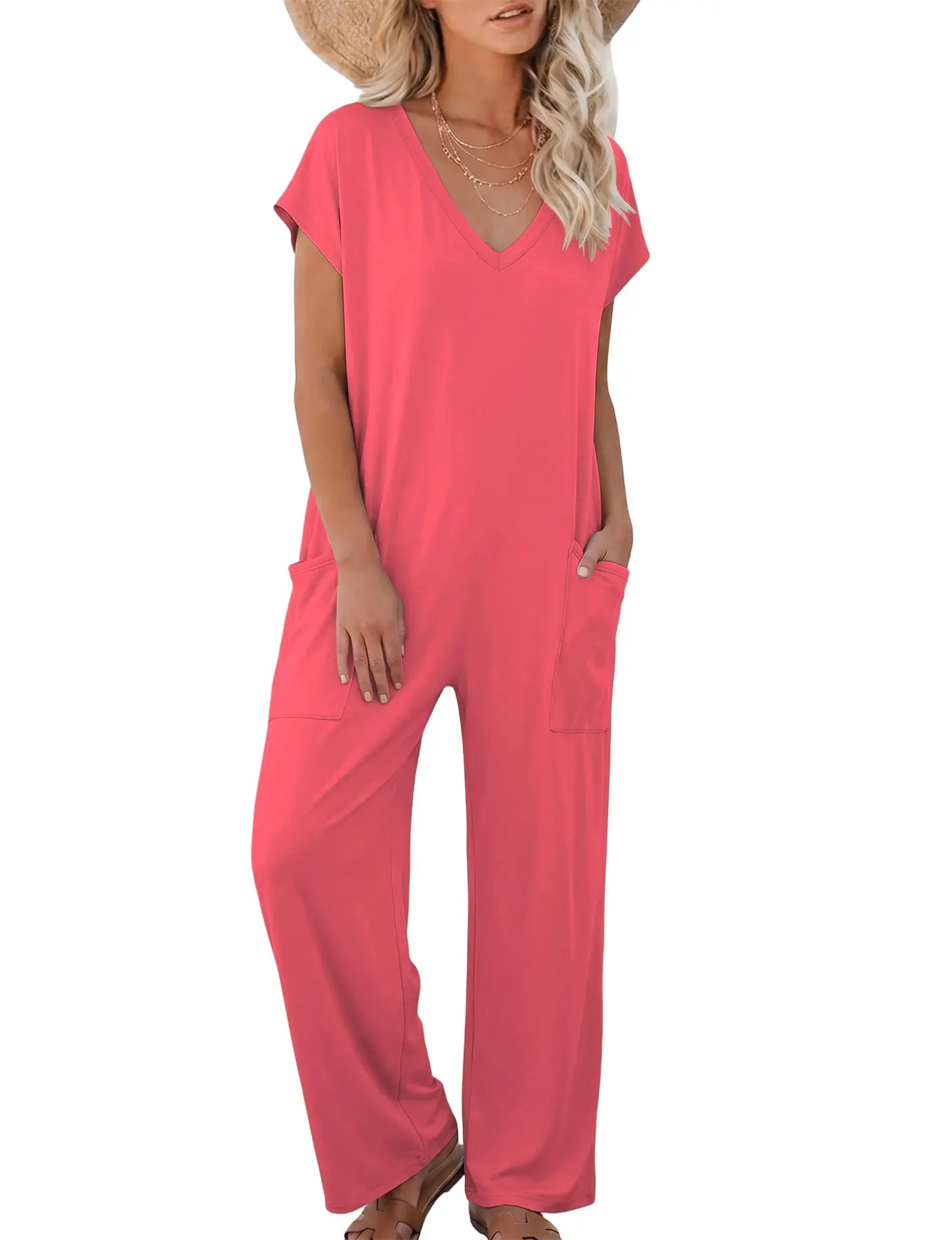 Women's Casual Jumpsuit, Short-Sleeve V-Neck, High Waist, Pockets, Long/regular, Plain Pattern, Soft, All Seasons, Stylish & Comfortable, Fashion