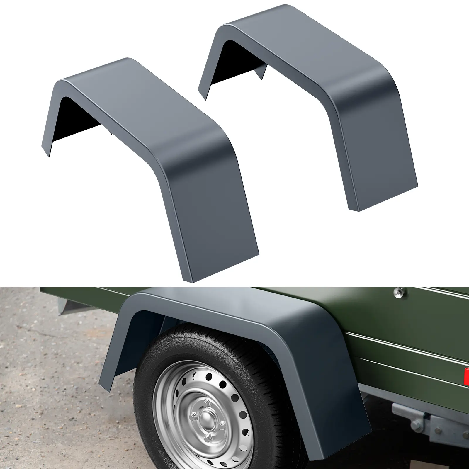 Heavy Duty Diamond Plate Steel Trailer Fenders (Pair), 14-Gauge Q235 Rust-Proof Electrophoretic Coating, 32x13x9 Inch for 14-16" Wheels, Single/Tandem Axle Boat Utility Cargo Trailer Mud Guards, Pre-Drilled Bolt-On Installation, Black/Silver