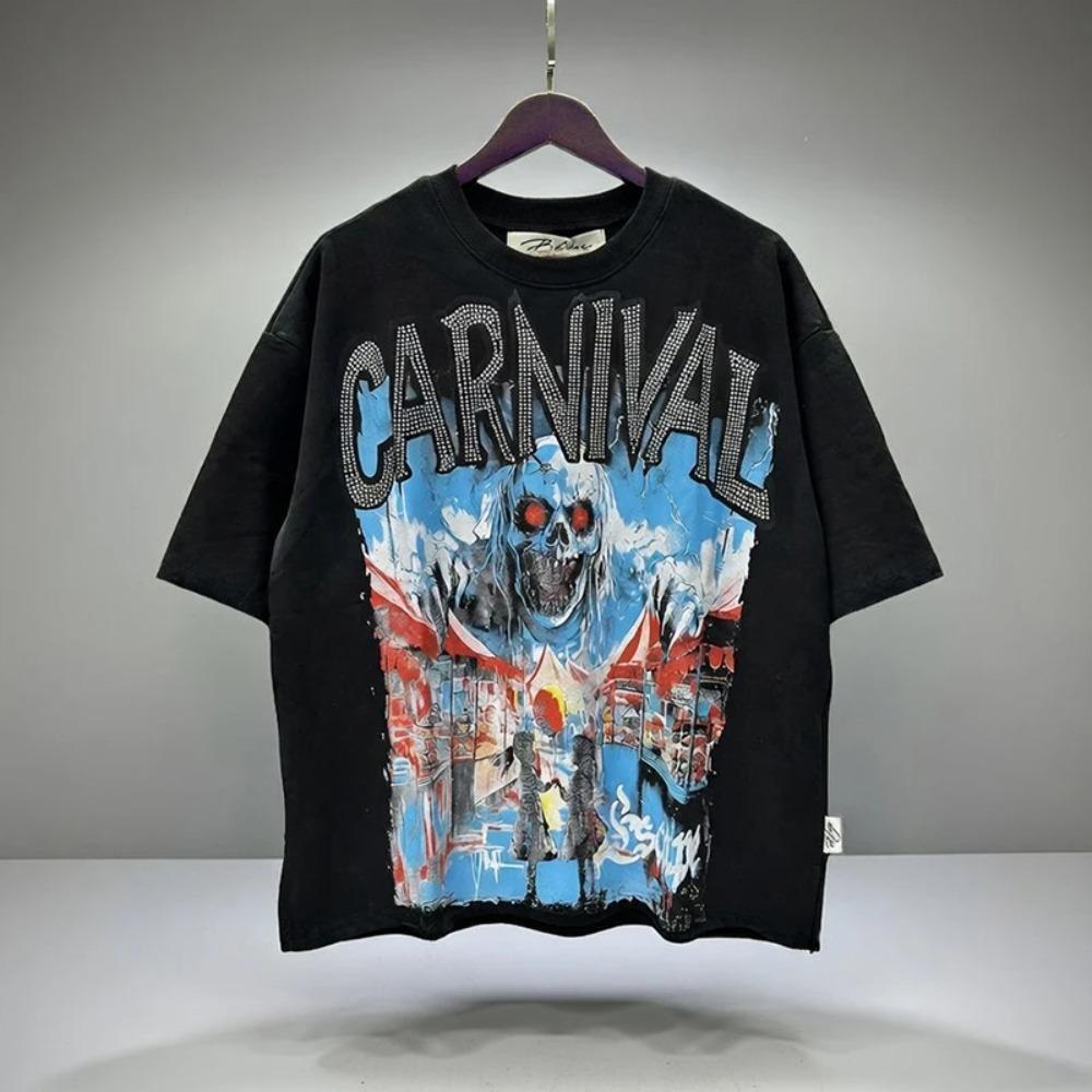 Vintage Washed Heavyweight BKYS Hip Hop T-Shirt, Bling Rhinestone & Hot Stamping Glitter Graphic, Retro Y2K Streetwear Loose Cotton Short Sleeve Tee for Men Women