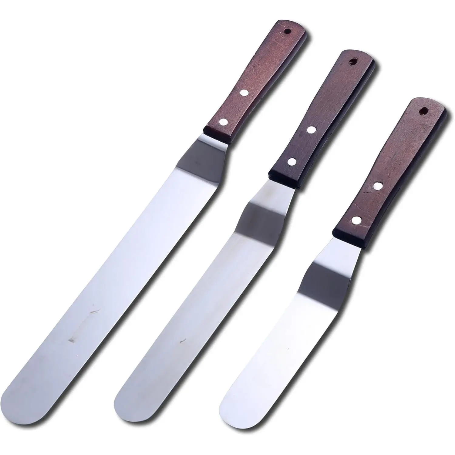 Lightweight Offset Angled Blade Icing Spatula Set - Stainless Steel Flexible Blades, Wooden Handle Bakeware Decorating Tools (6-8-10 in) for Cakes, Cupcakes, Offset Spatulas 6 8 10 Inches