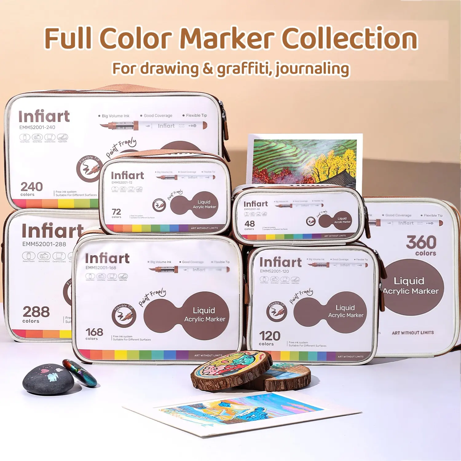 Acrylic Marker Set with Flexible Tips, 48-360 Colors, Portable Case, High Coverage, Multi-Surface Use, Professional Art Supplies