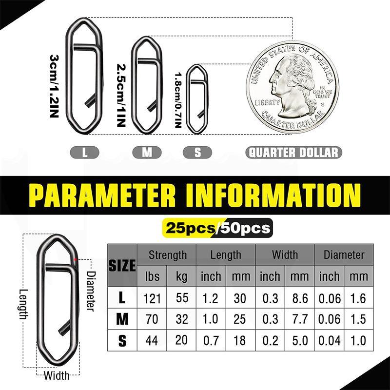 50pcs Fishing Lure Quick Clips in 3 Sizes, High Strength Stainless Steel Fish Clip Buckle Connectors, Fishing Tools for Saltwater & Freshwater Fishing