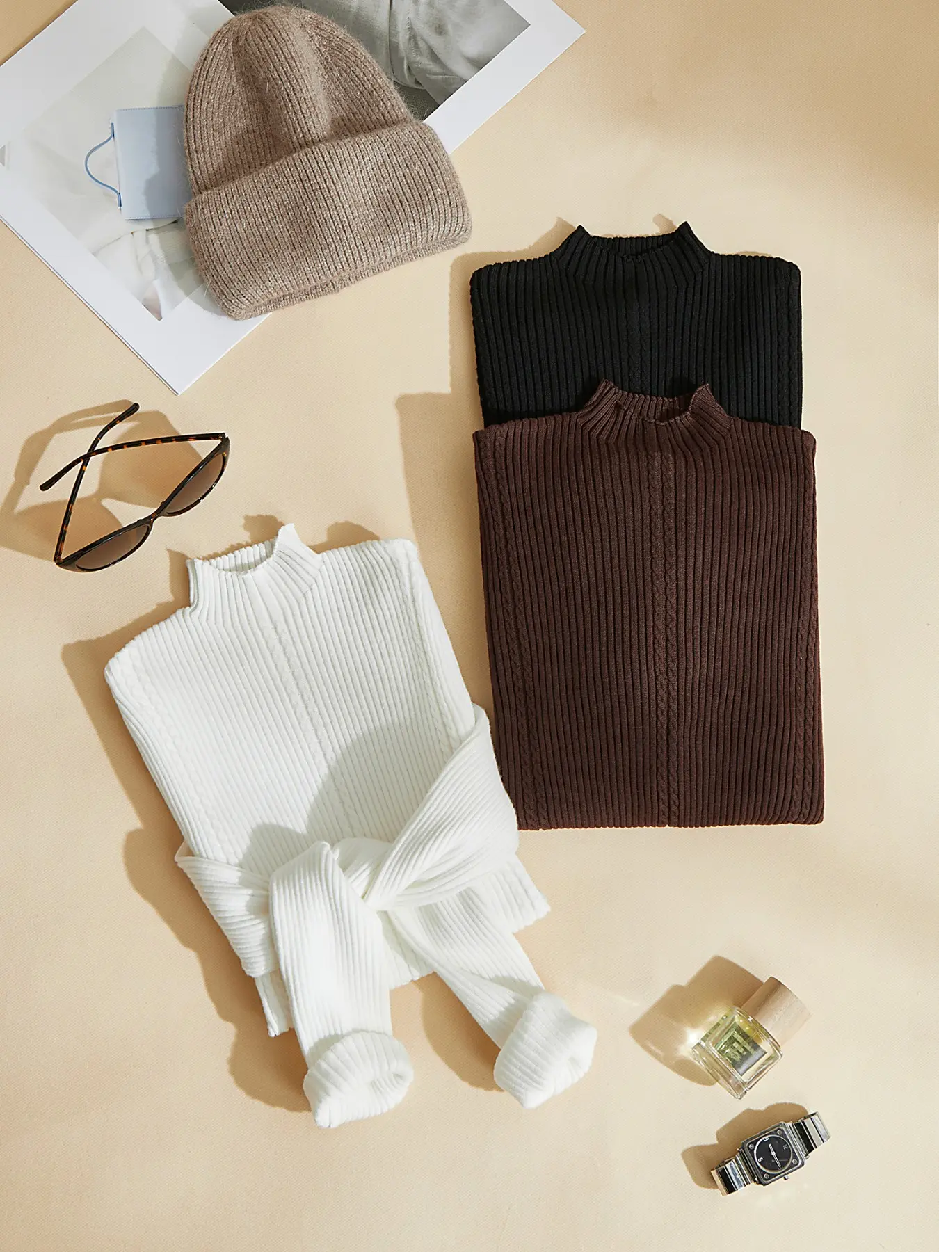 Women's 3-Piece Ribbed Knit Mock Neck Sweater Set, Soft Stretch Long Sleeve Fall Basic Pullover, Casual Fitted H-Type Pullover
