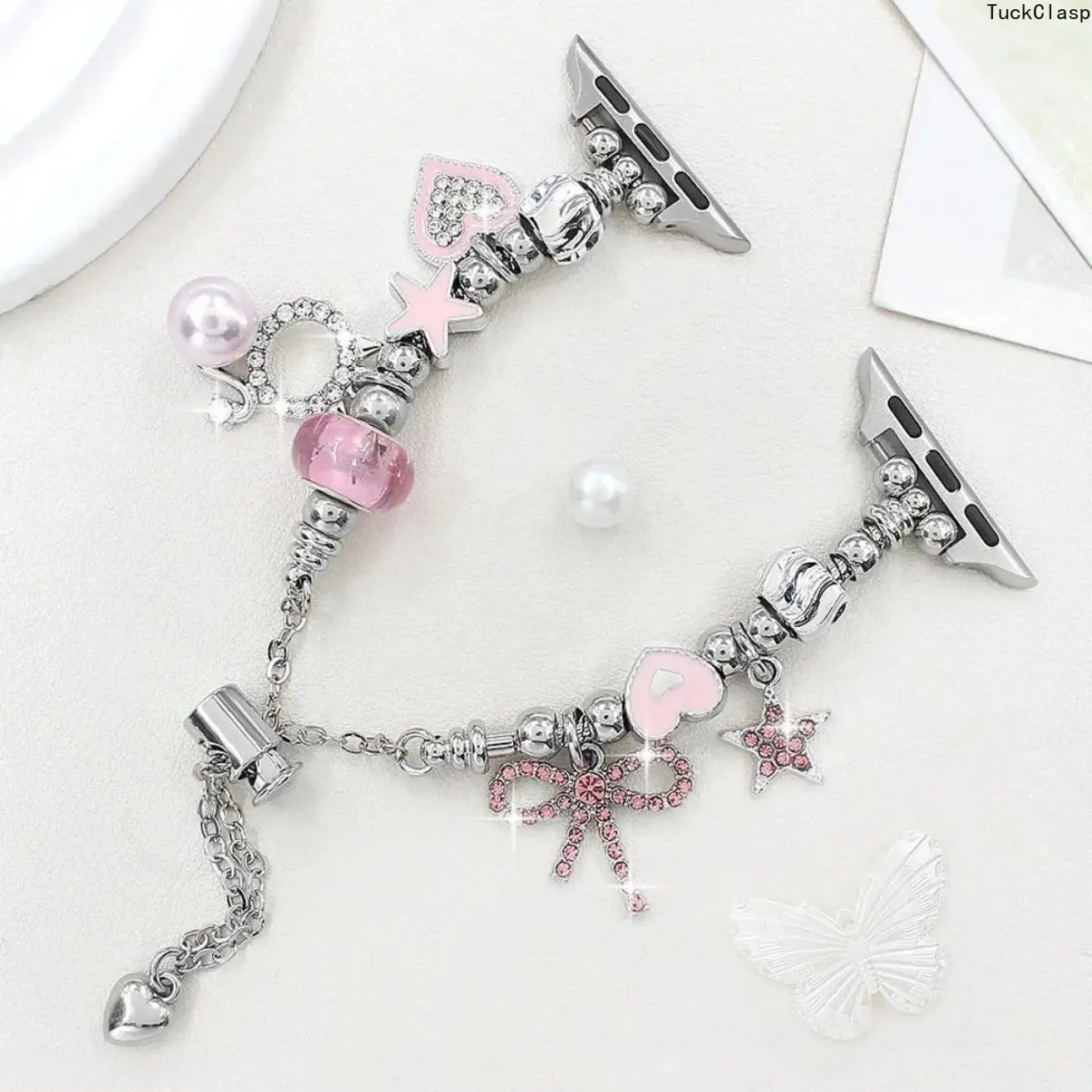 Beaded Bow Knot Heart Metal Watch Bracelet Band Compatible with Series 5/6/7/8/9, SE & Ultra Smart Watches, Elegant Jewelry-Style Wristband for Women and Girls, Stylish Replacement Strap (Watch Not Included)