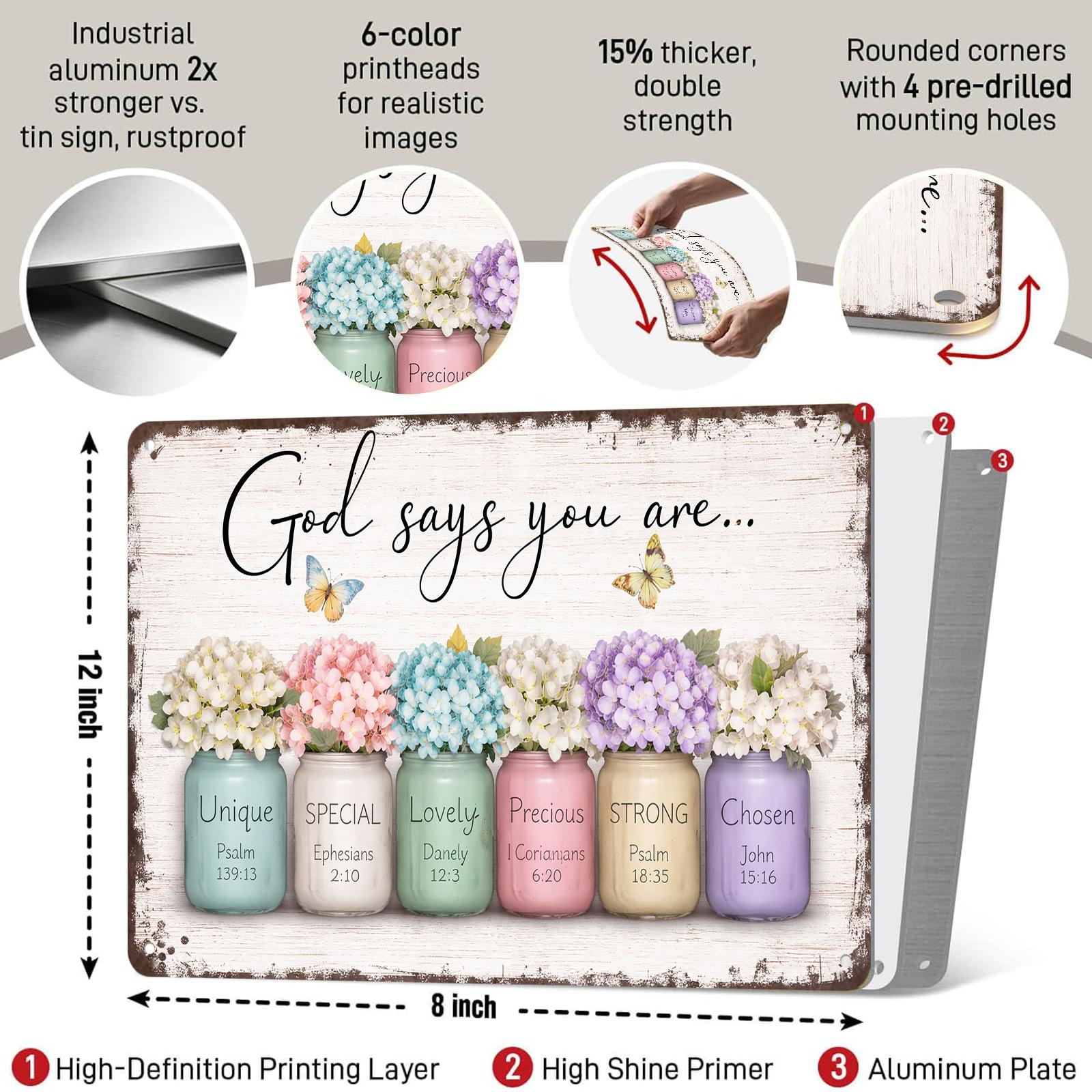 God Says You Are Unique Special Lovely Precious Strong Chosen 12x8 Inch Aluminum Metal Sign - Christian Inspirational Wall Decor for Home, Living Room, Bedroom, Office - Religious Tin Sign Gift for Family & Friends