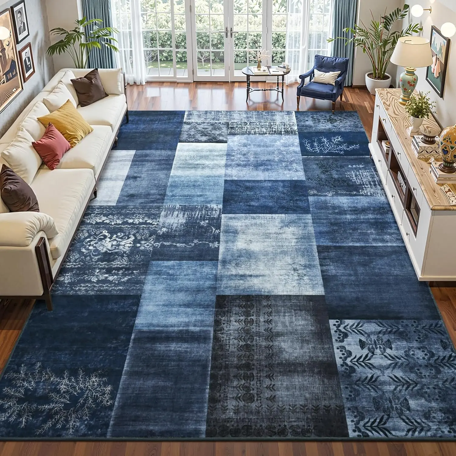 Washable Area Rugs 4x6 for Living Room, Geometric Navy Blue Soft Patchwork Carpet, Non-Slip Stain Resistant Throw Rug for Bedroom Dining Room Office Home Decor
