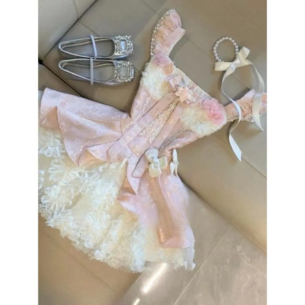 French Sweet Kawaii Lolita Dresses Women Chic Flower Design Lace Mini Pink Dress Japanese Fairy Princess Birthday Party Dresses
