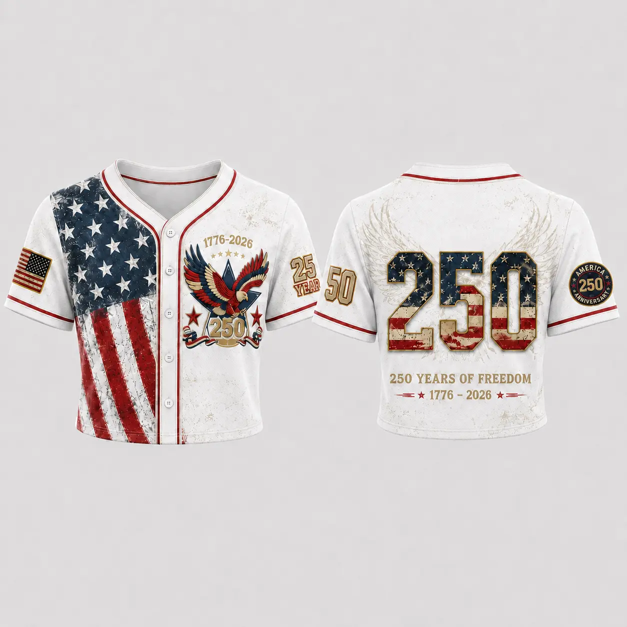 USA 250th Anniversary Baseball Jersey for Women, Special Edition Patriotic Cropped Casual Sporty Top, Commemorative 1776-2026 Fan Gift, Fashion Jerseys, Athletic Silhouette, America250, Short Sleeve Tops, Polyester Fabric, Patriotic Print, Female Fit, Fla