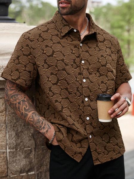 Men's Rose Print Short Sleeve Shirt, Casual Button Collared Loose Casual Soft Comfy Button Up Top for Summer, Men's Clothes for Daily Wear