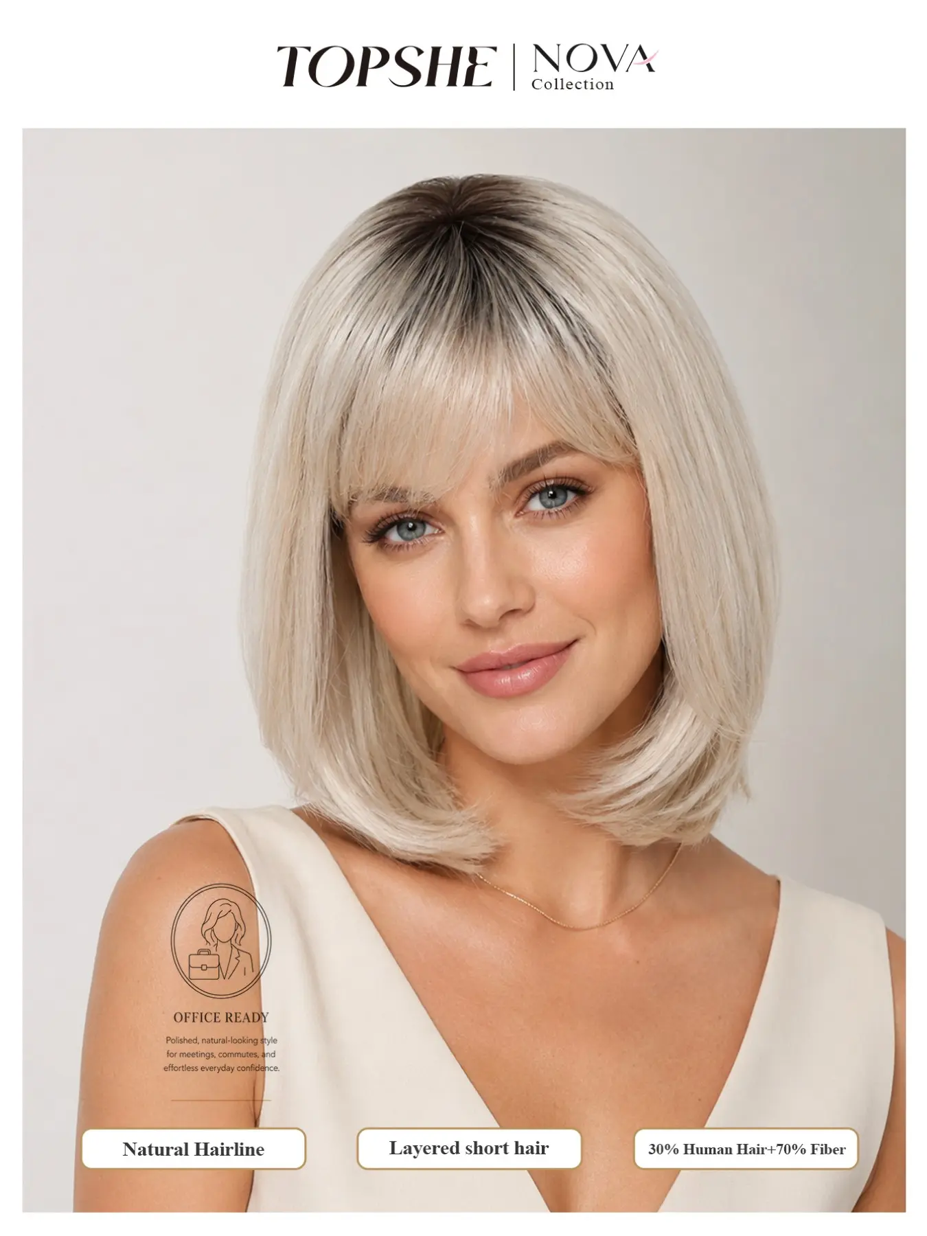 TOPSHE 1pc 12 Inch Bob Wig with Bangs for Women Dark Root Blonde Ash Grey Warm Brown Short Layered Bob Wig Glueless Natural Looking Human Hair Blend Heat Resistant Daily Office Party Wig Short Bob Wigs