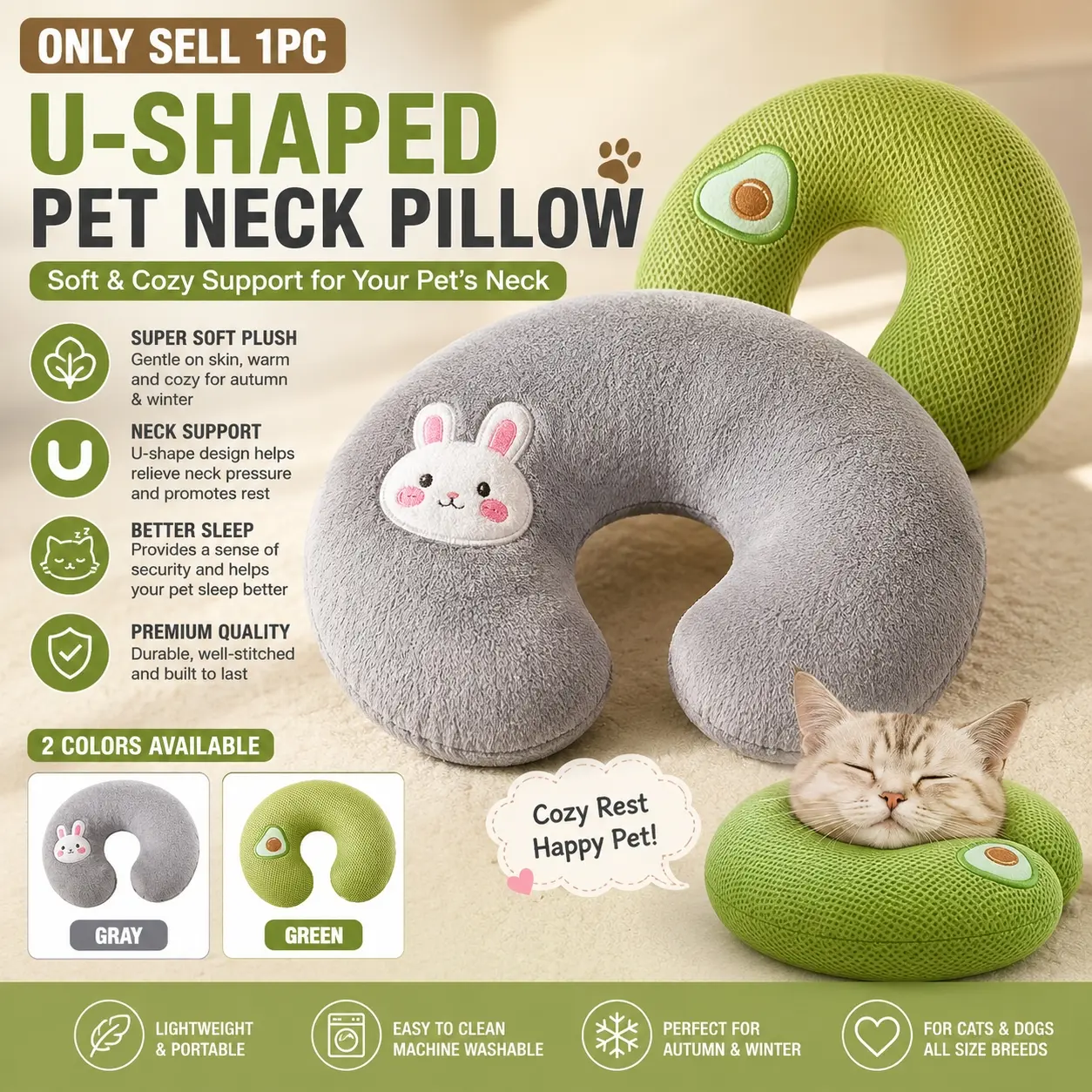 1pc U-shaped pet dog pillow, soft plush neck support cushion, comfortable bed pillow for autumn and winter use, helps relieve neck pressure