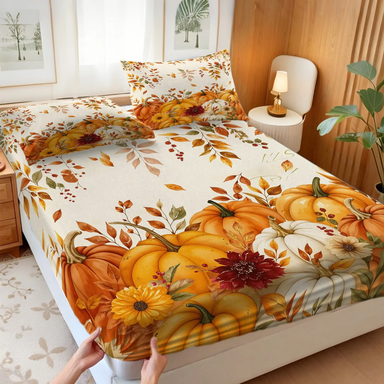3Pcs Autumn Pumpkin Harvest Print Fitted Sheet Set, Bed Sheets Set, Cozy Seasonal Bedding Set for Farmhouse Style Lovers, Decorative Bed Sheet Set, No Fillers, Creates Warm Rustic Fall Atmosphere, Perfect for Bedroom & Guest Room, Autumn Print